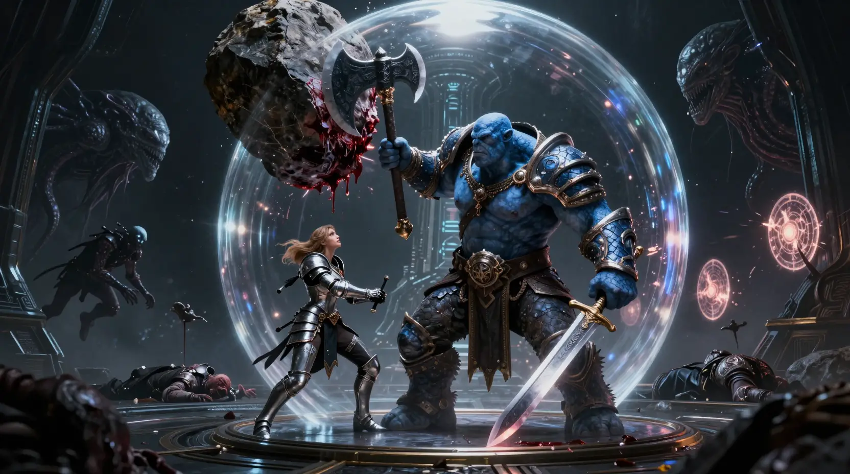 Orc warrior and knight clash with rock in cosmic corridor