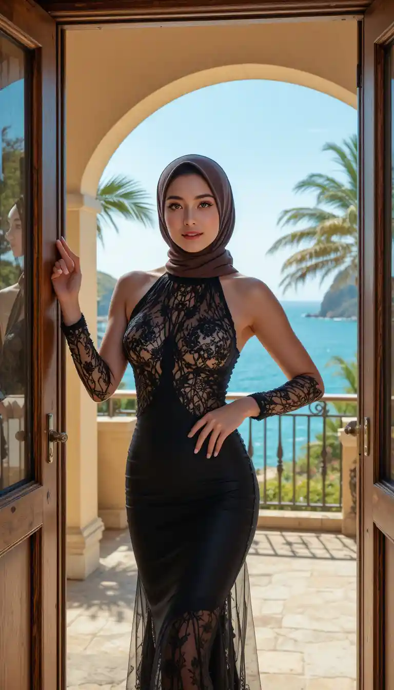 Elegant hijab woman in doorway of seaside villa