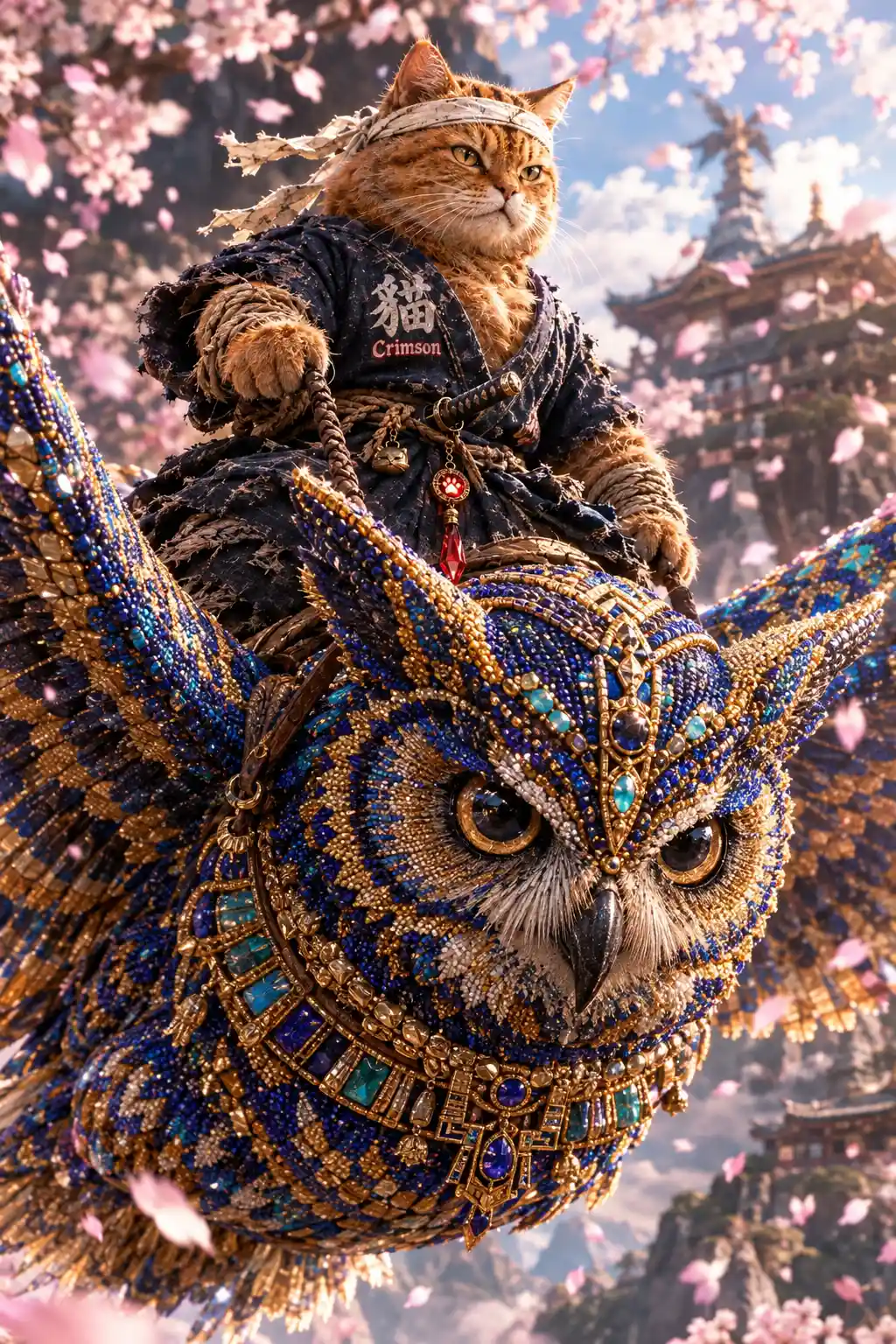 Warrior riding a colossal jeweled owl through the sky