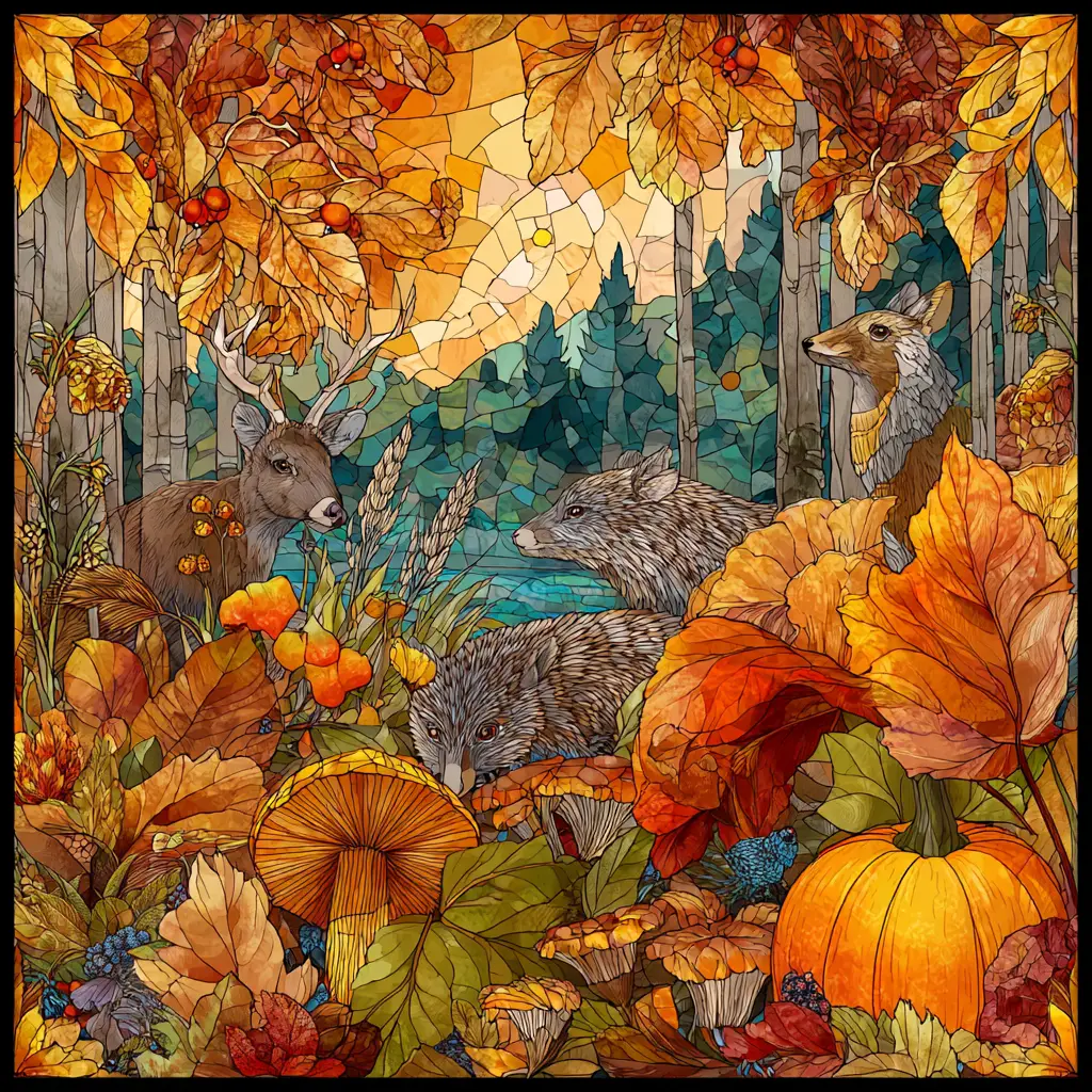 Escena colorida de vitrales con hojas de otoño brillantes