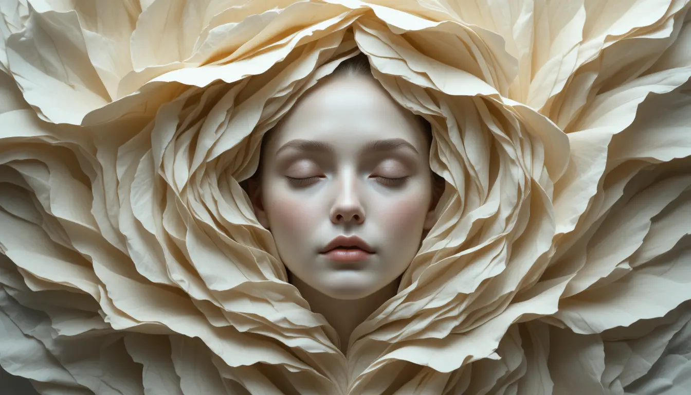 Ethereal female face in sculpted cream paper folds