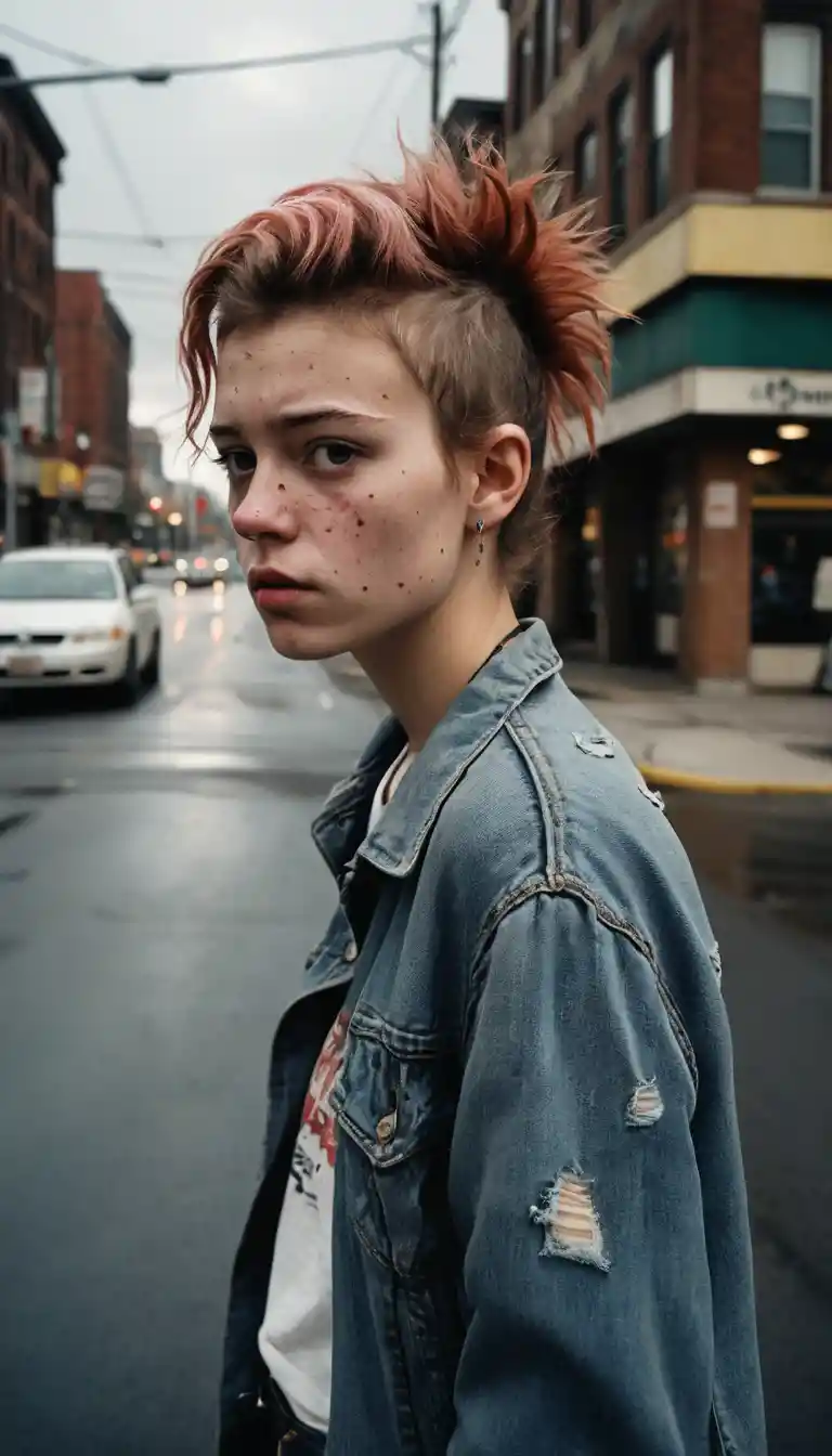 Young punk girl smoking alone at a city crossroads