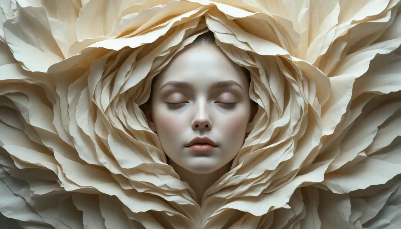 Rostro femenino etéreo entre pliegues esculpidos de papel color crema