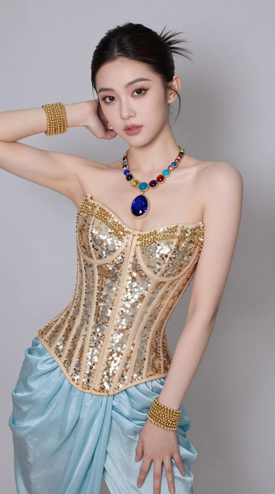 Playful girl in gold corset and blue draped pants