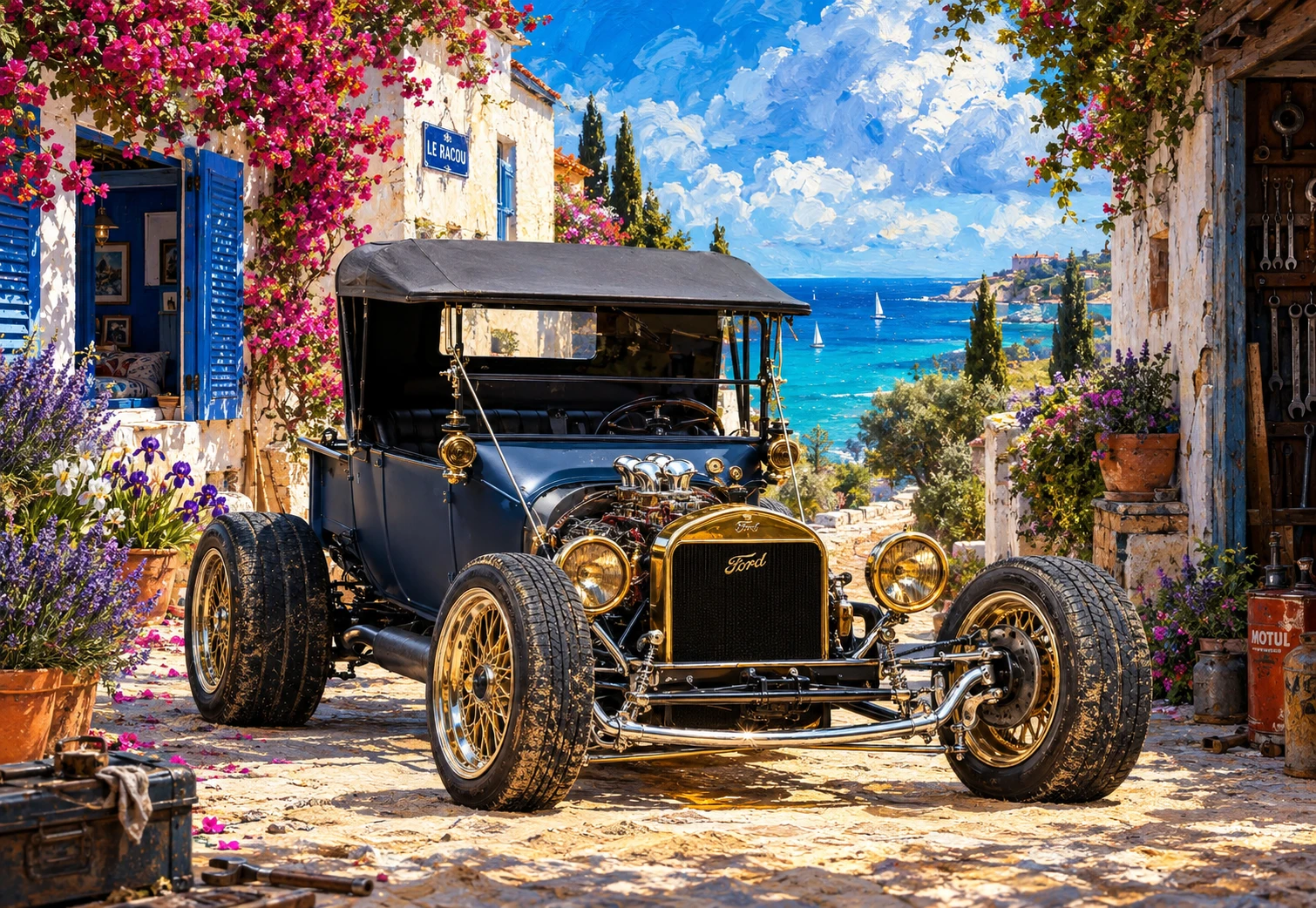 Retrofuturistisches Auto in einer sonnigen Straße eines mediterranen Dorfes
