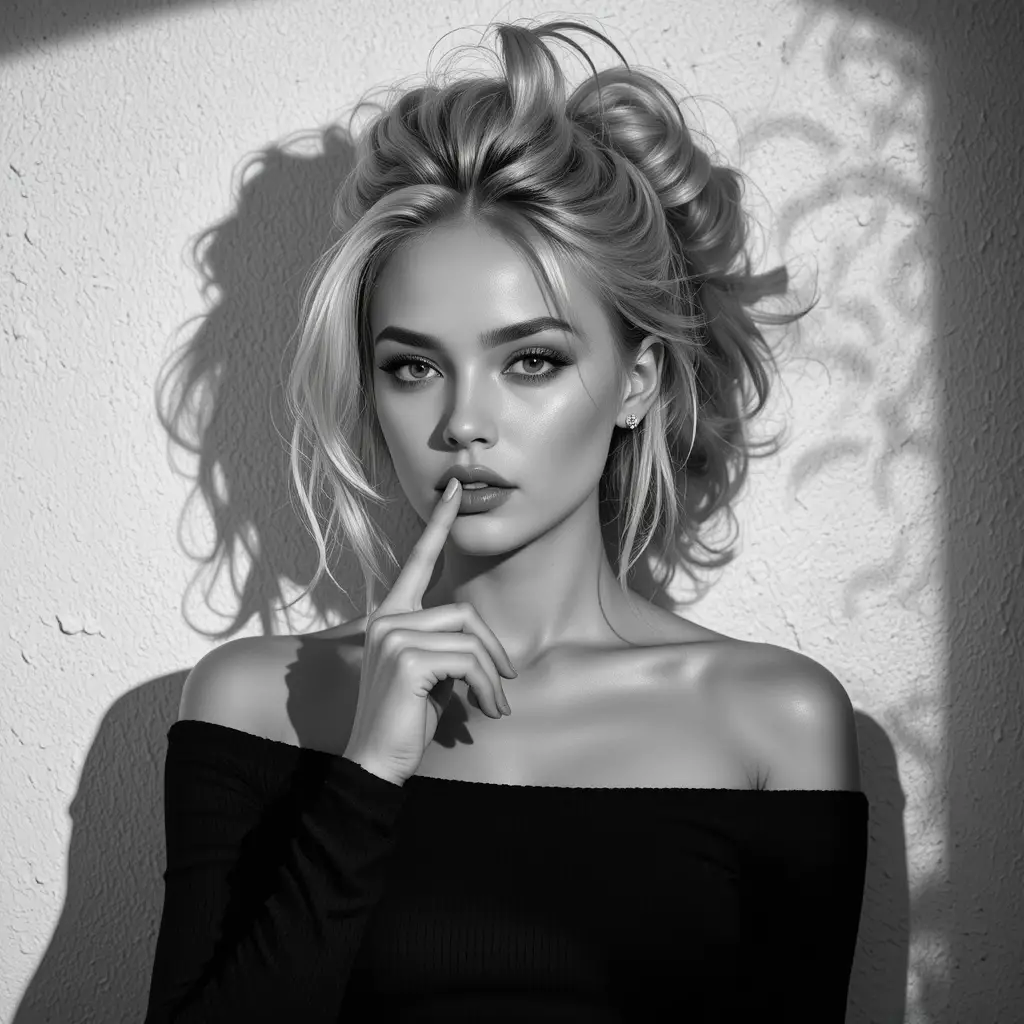 Sensual black and white close up portrait of a young woman