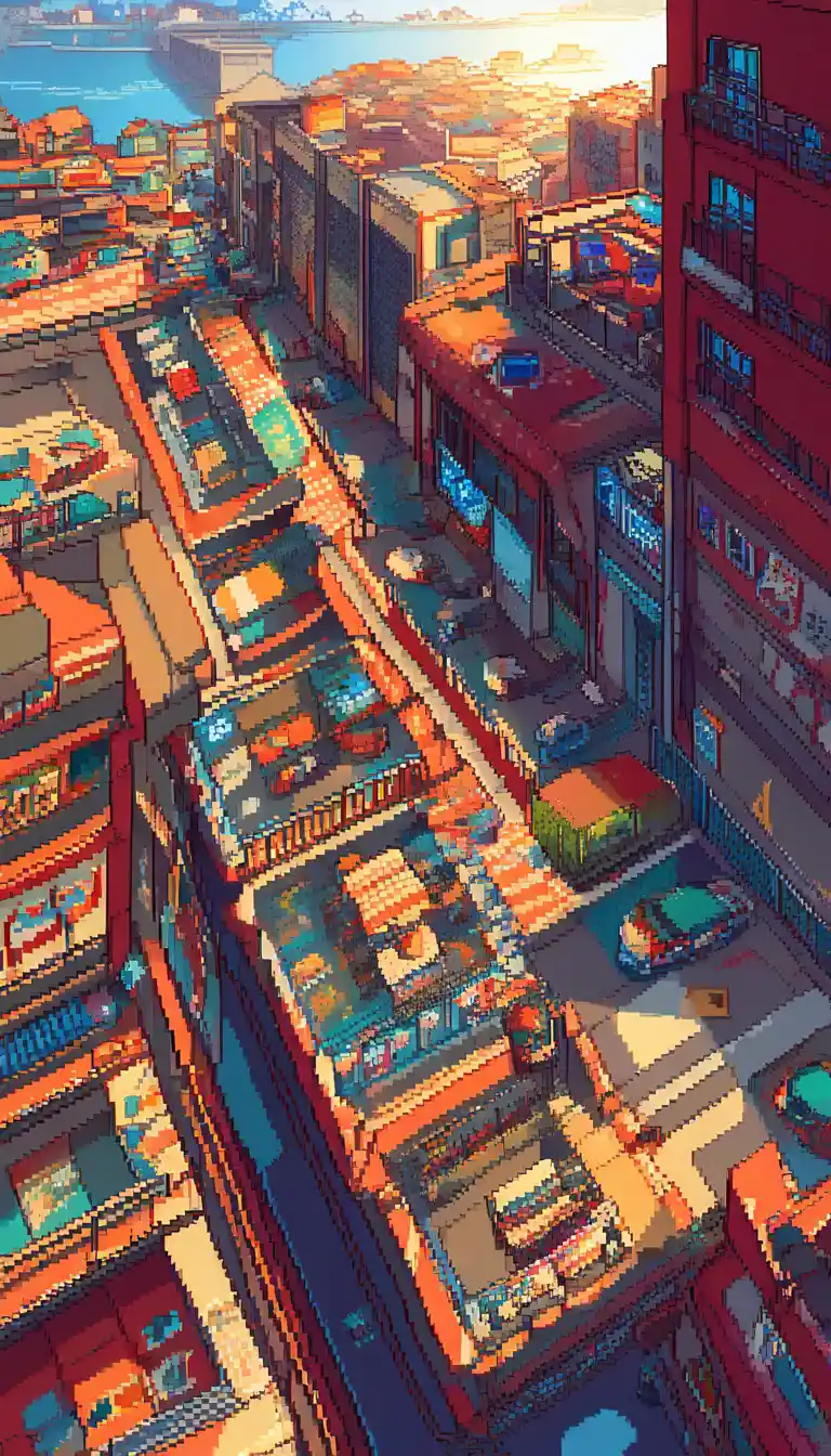 Tanned pixel art girl sitting by an old city cinema