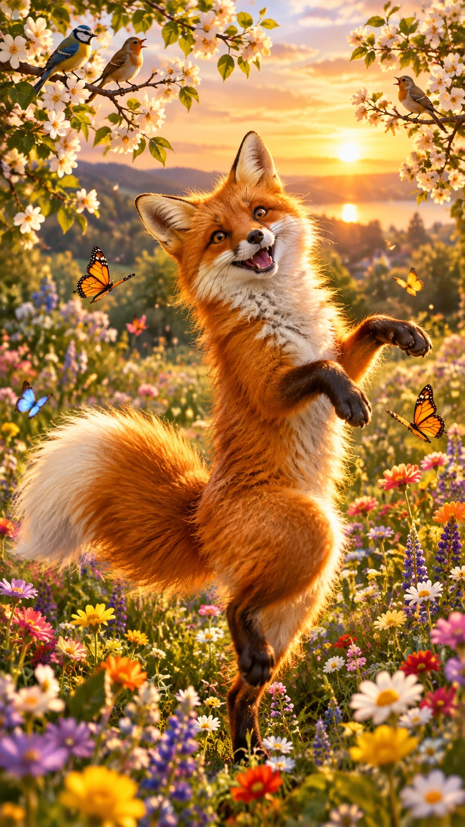 Joyful red fox dancing in a sunset wildflower meadow