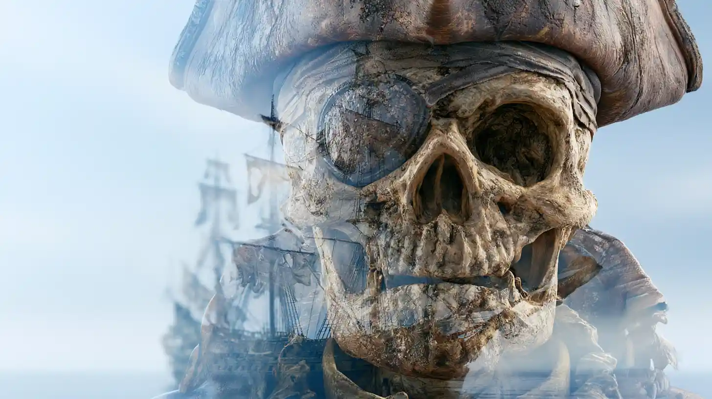 Jolly Roger skull with pirate ship on the open sea