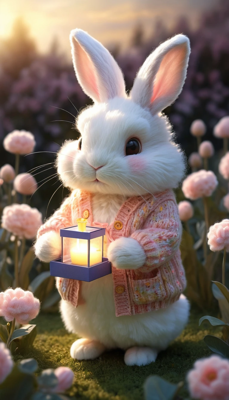 Tiny rabbit under a glowing flower catching falling light