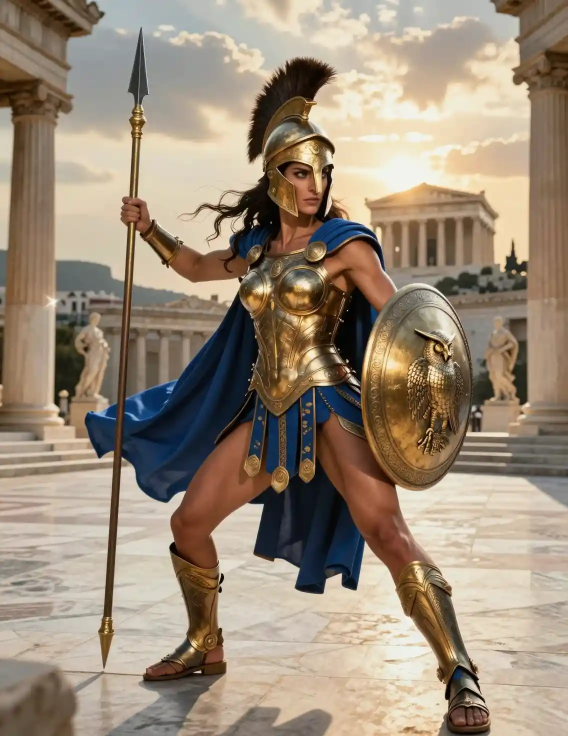 Greek warrior woman in armor with spear at sunset