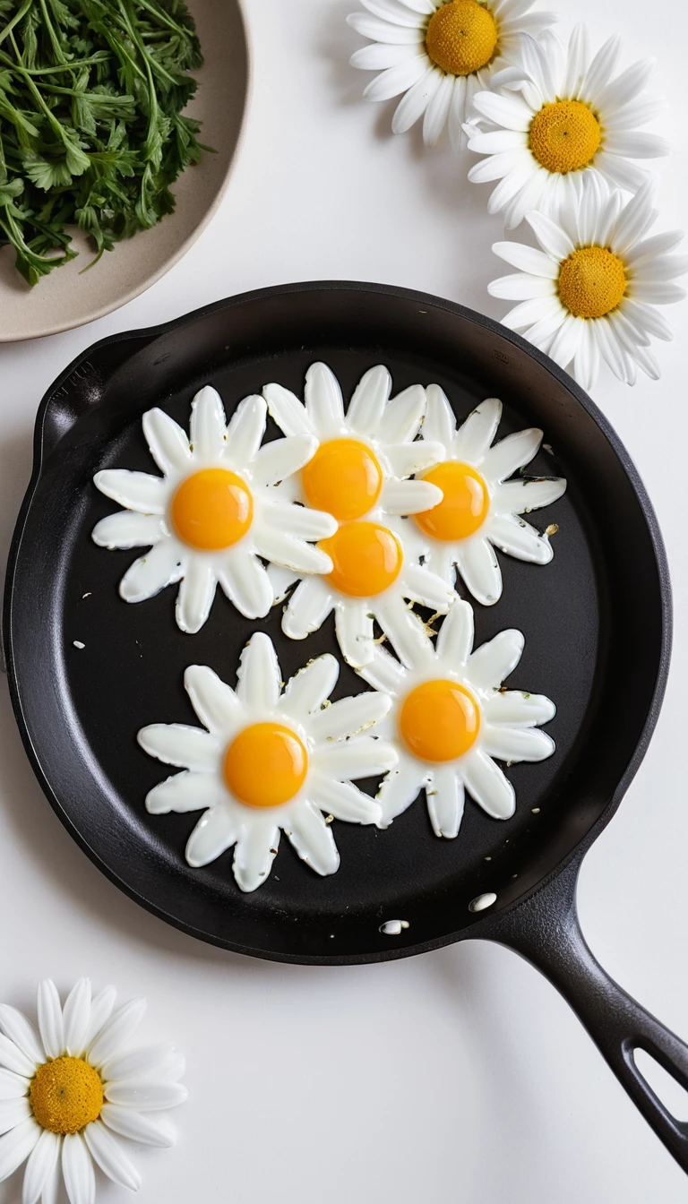 Daisy shaped fried egg in pan with scattered daisies