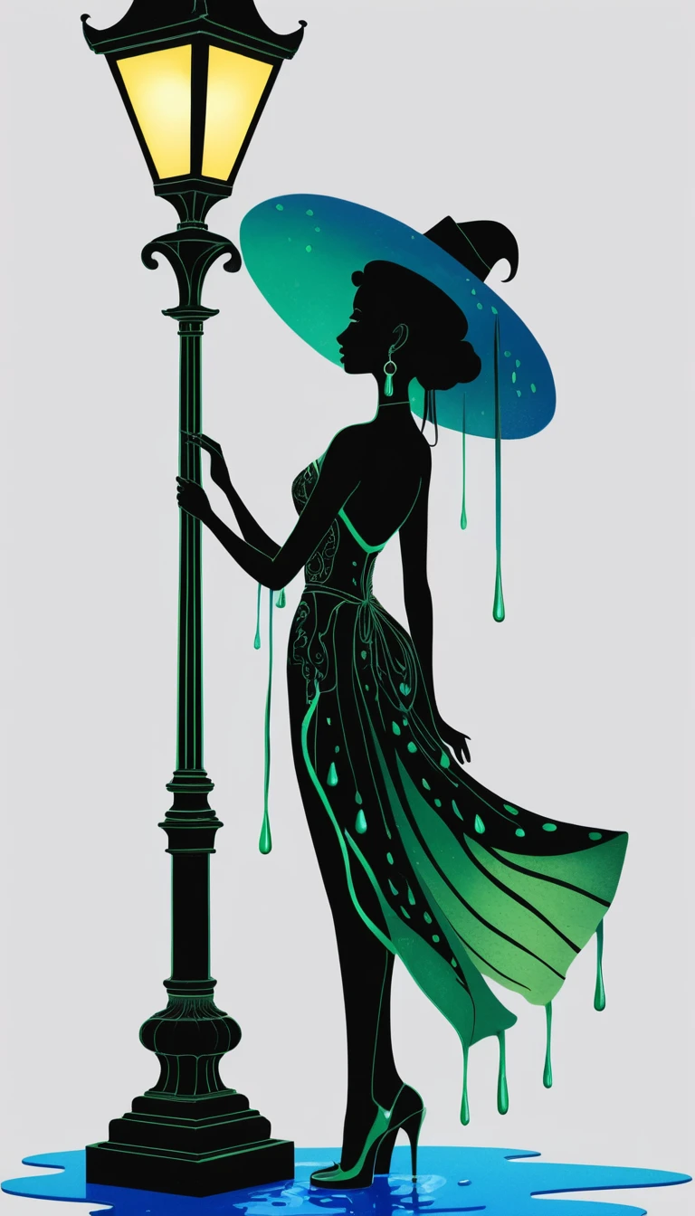 Mulher elegante em vestido verde líquido ao lado de um poste de luz neon
