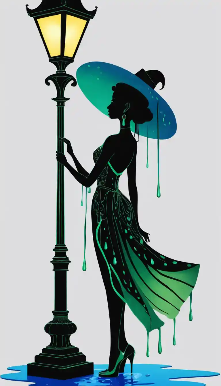 Mulher elegante em vestido verde líquido ao lado de um poste de luz neon