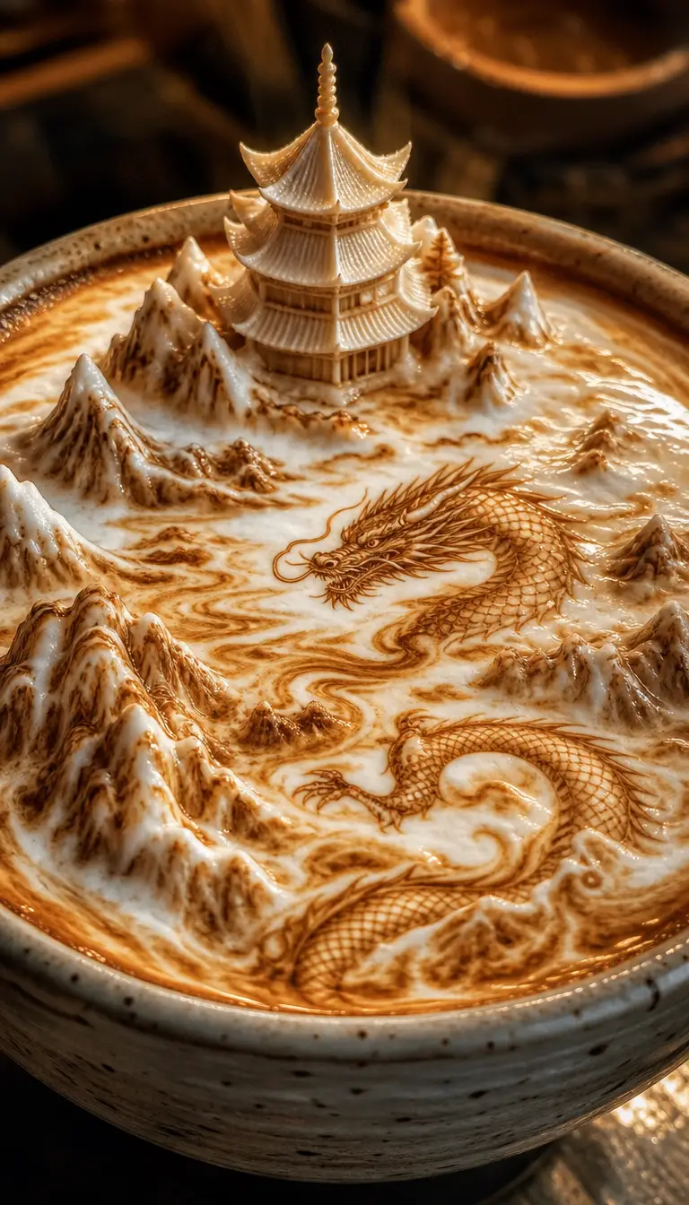 Macro view of intricate latte art pagoda and dragon