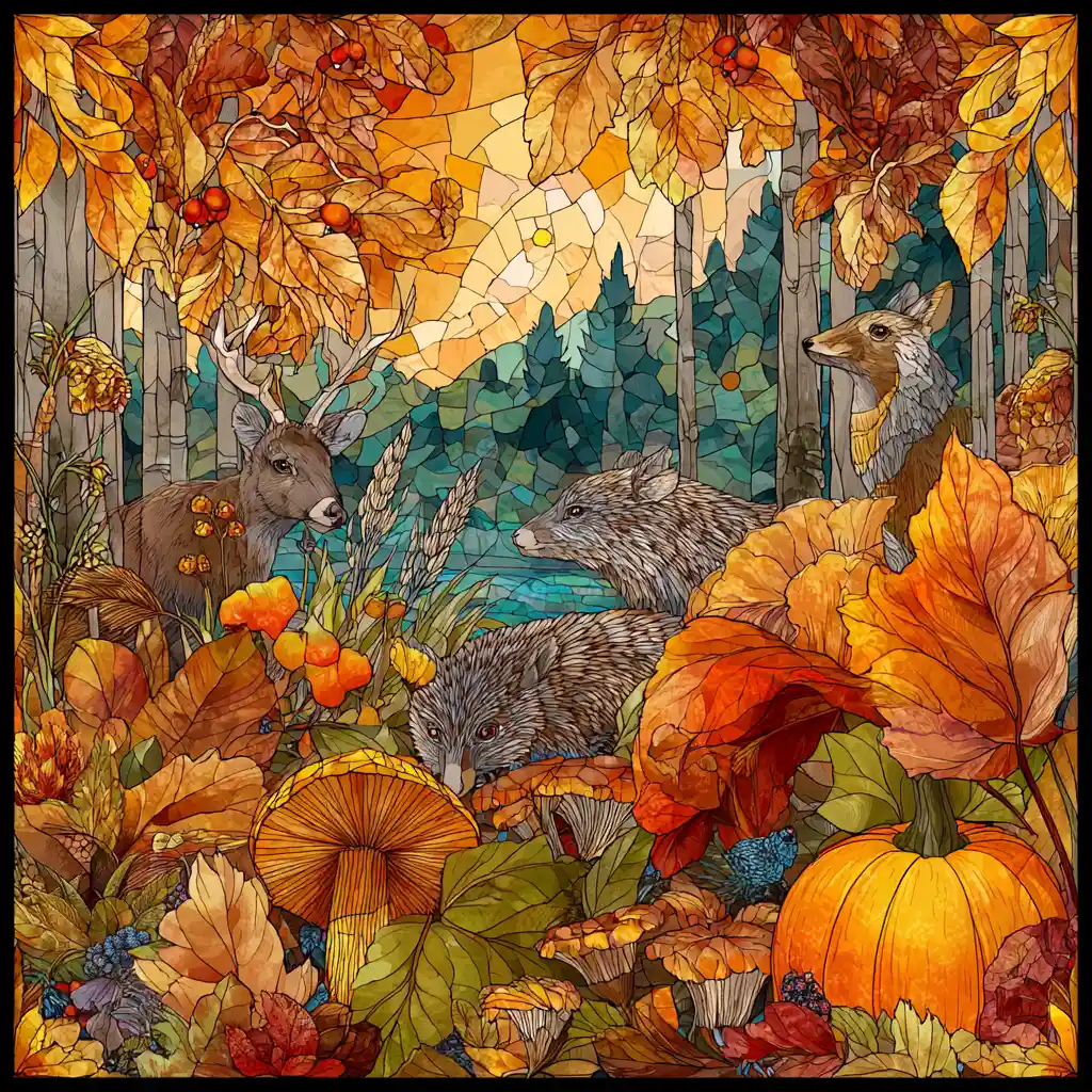 Escena colorida de vitrales con hojas de otoño brillantes