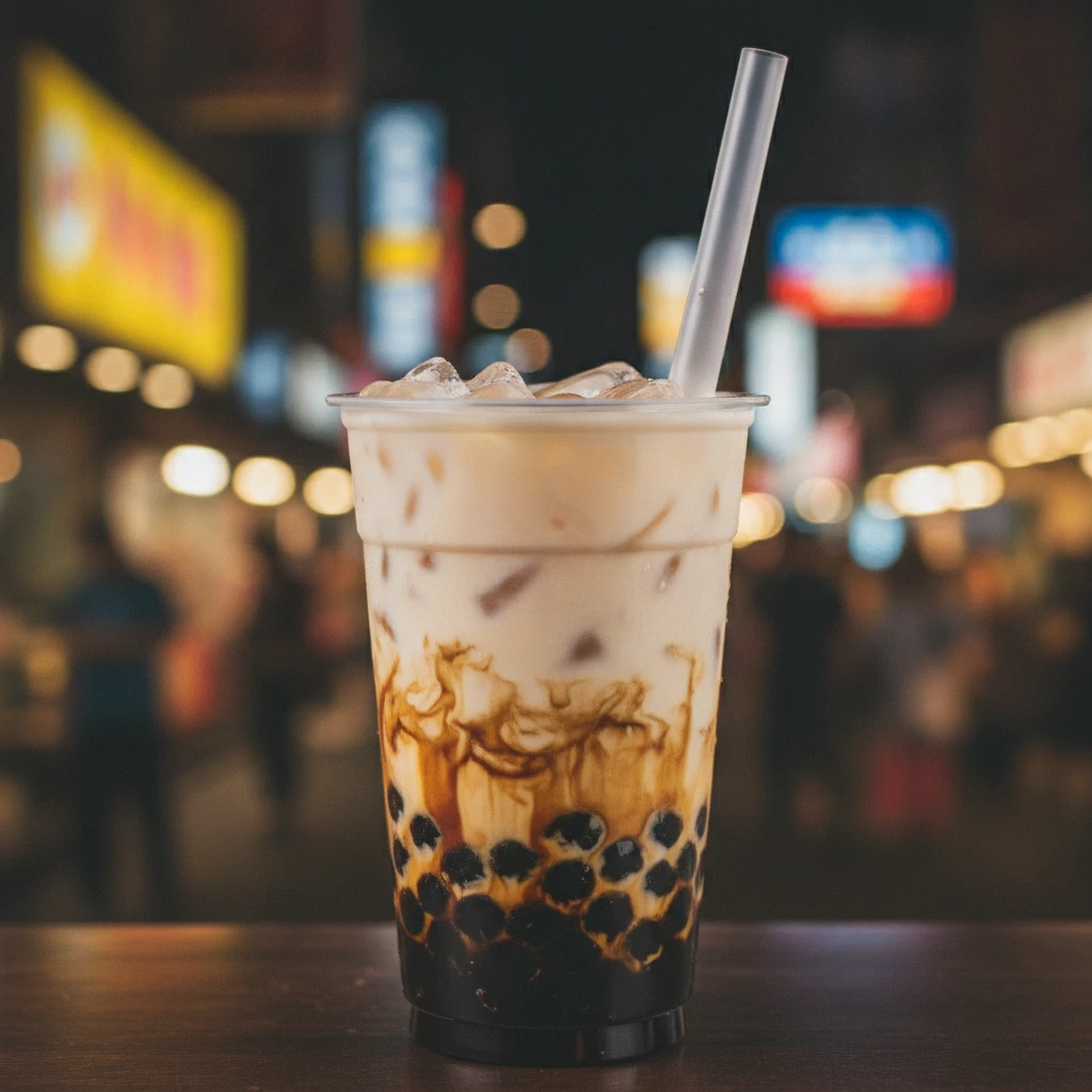 Close up bubble tea with brown sugar pearls at night
