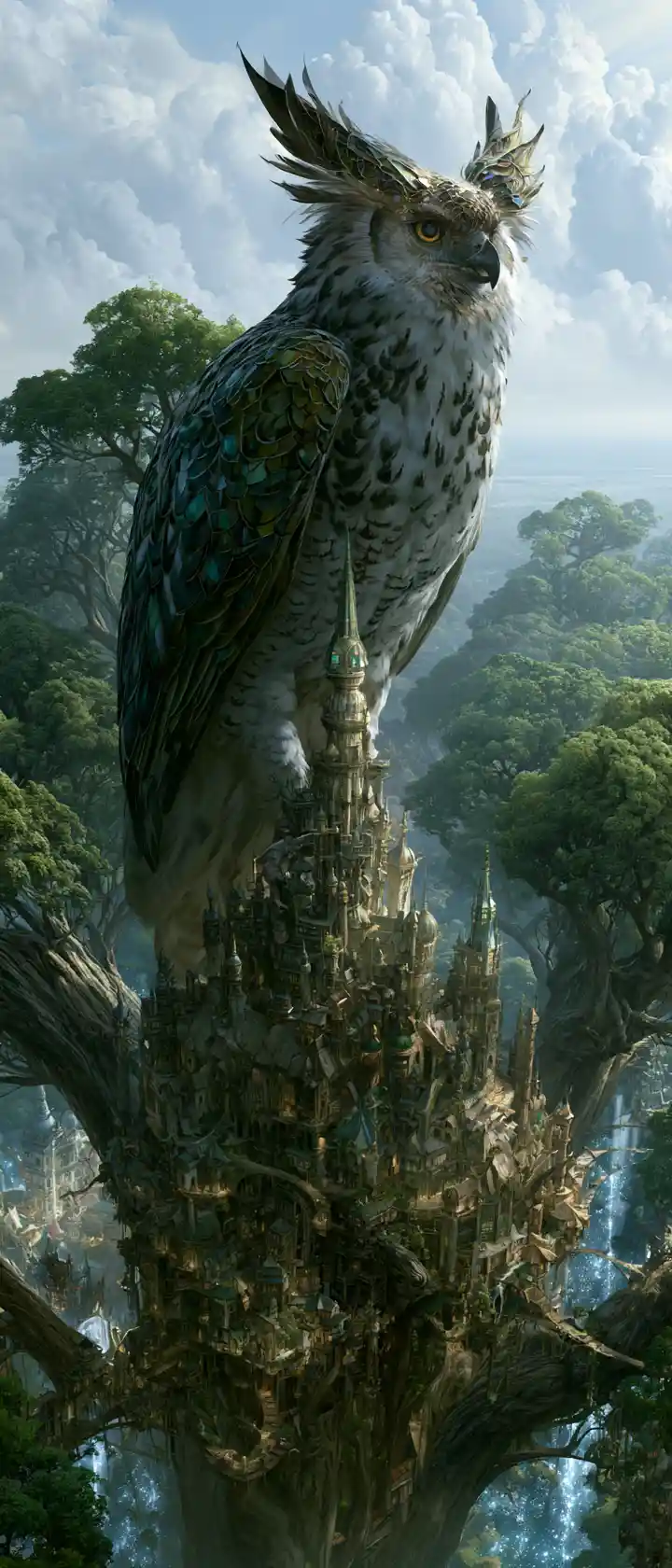 Majestic griffin on the highest spire of a tree city