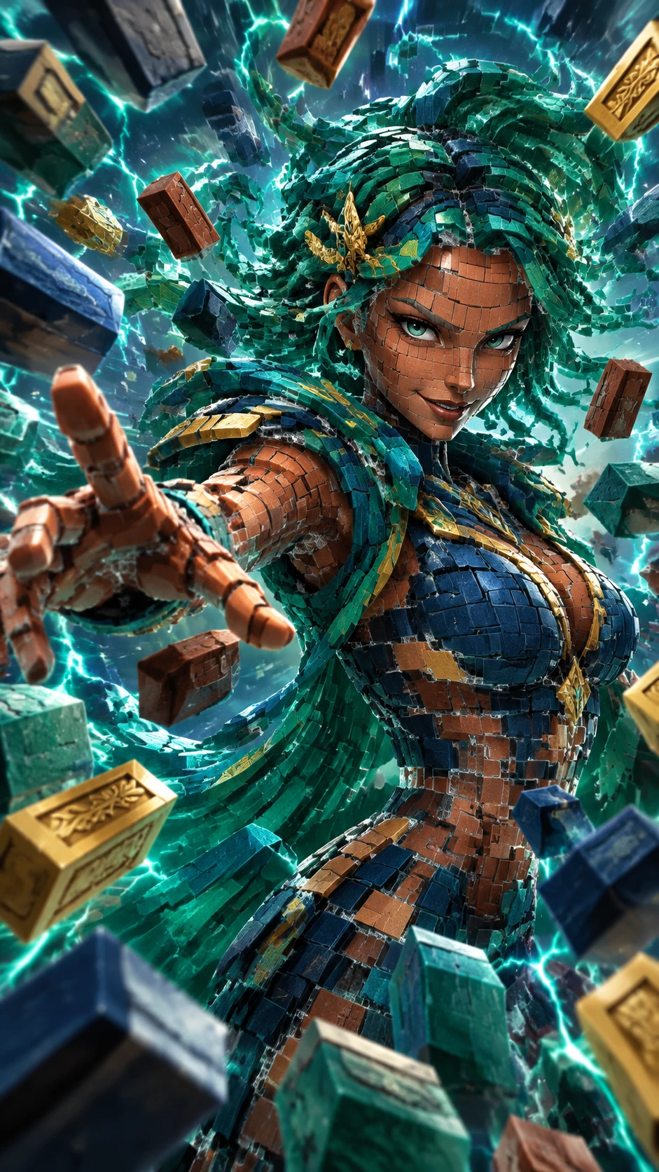 Brick formed heroine in a storm of flying blocks