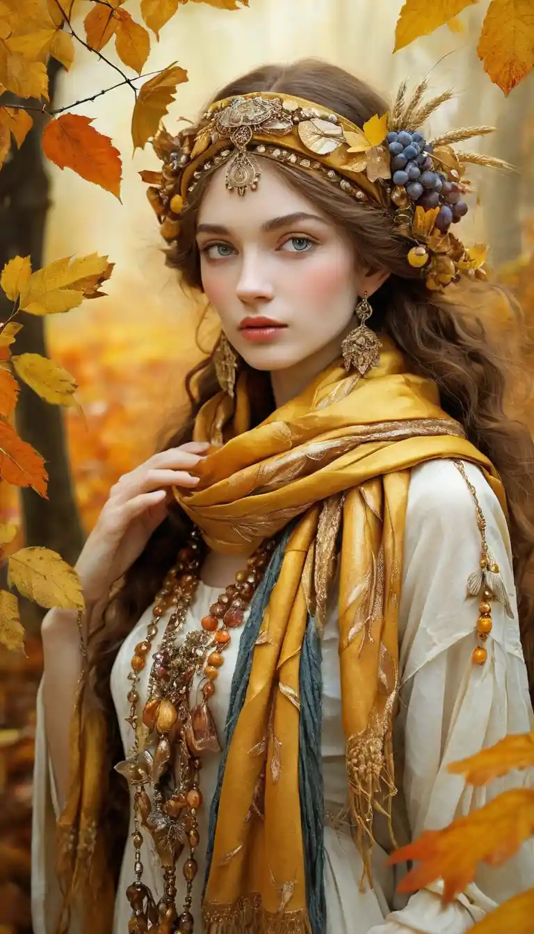 Mujer de otoño con un pañuelo dorado y mágico lleno de símbolos de la naturaleza