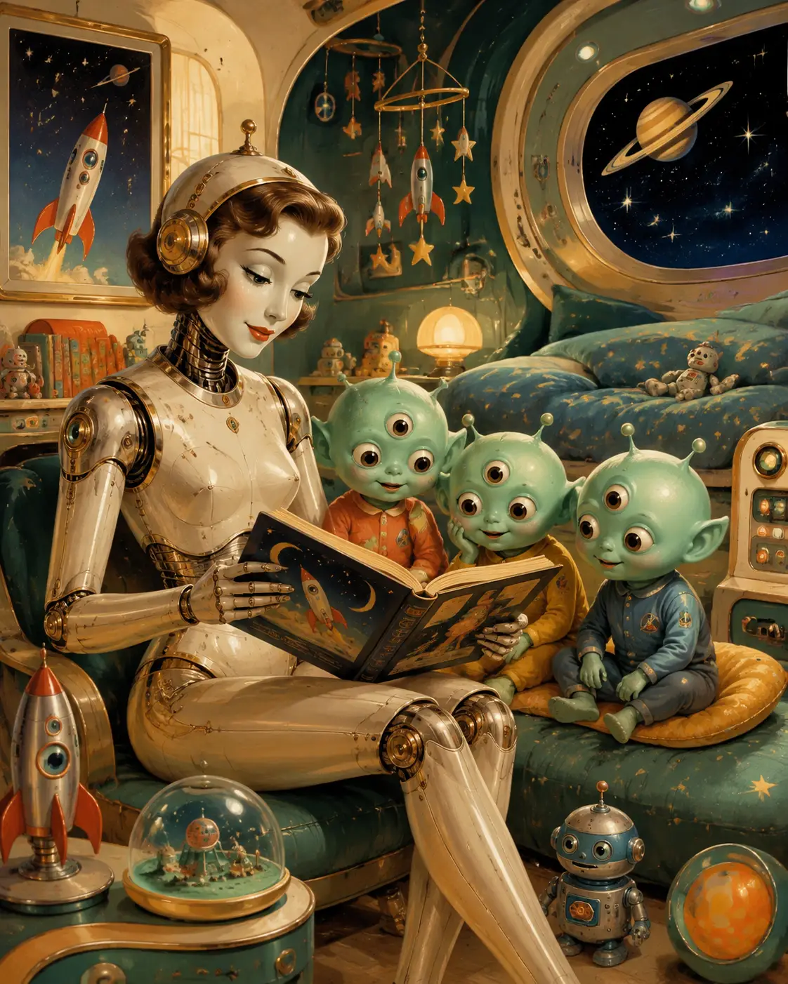 Robot nanny reading to alien children in a cozy spaceship nursery