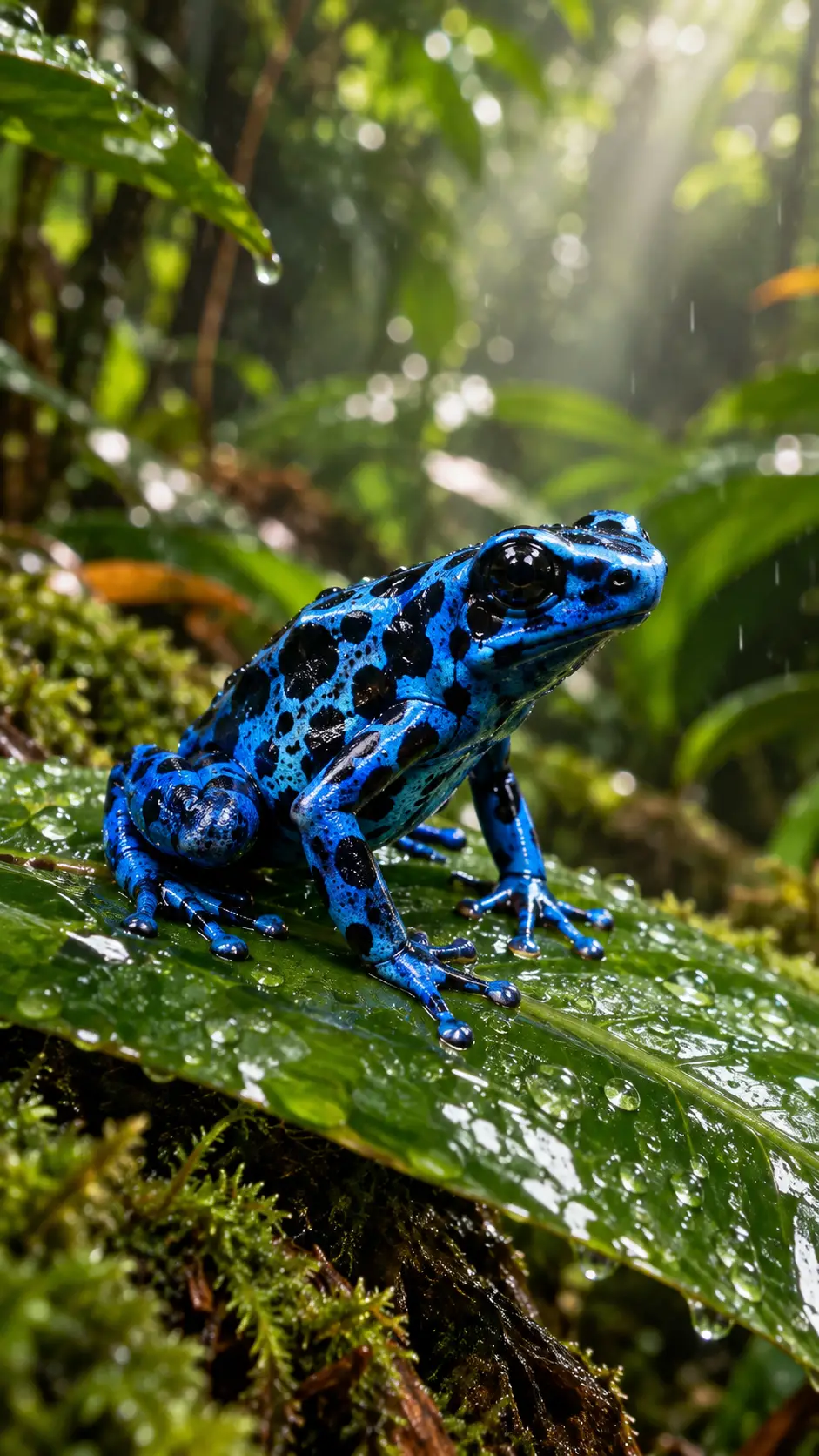 Colorful poison dart frog on leaf in tropical rainforest