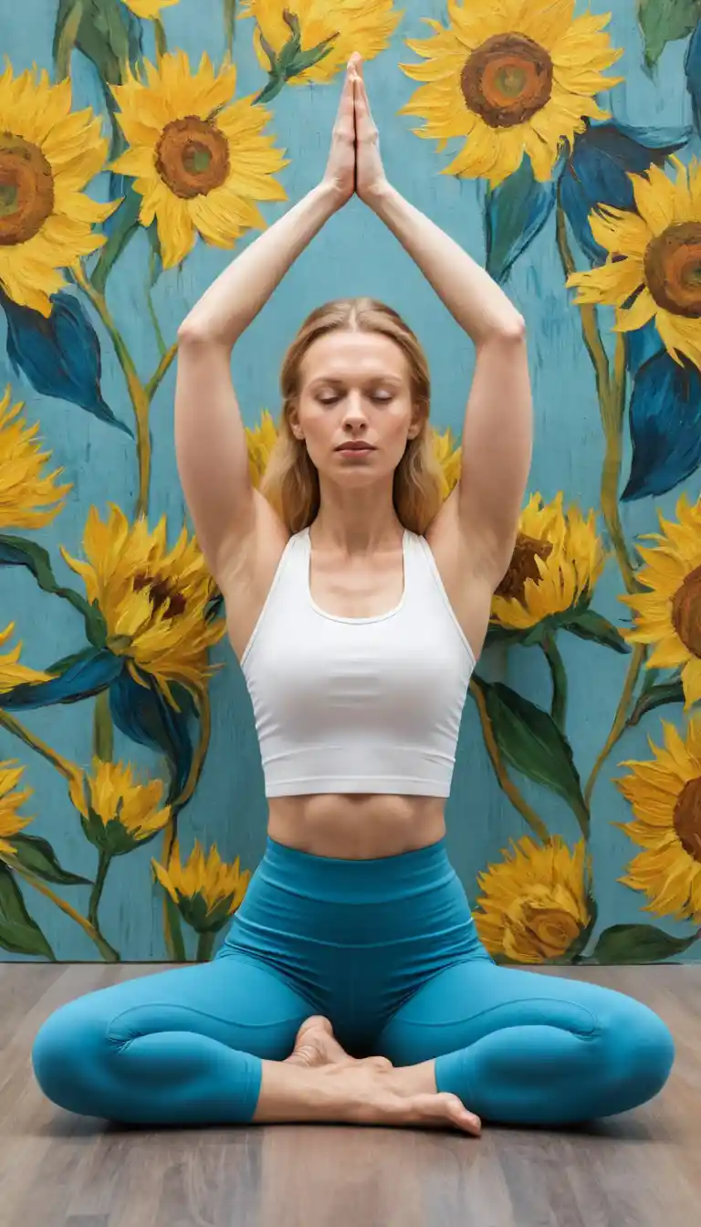 Mulher nua em pose de ioga abstrata no chão branco de estúdio
