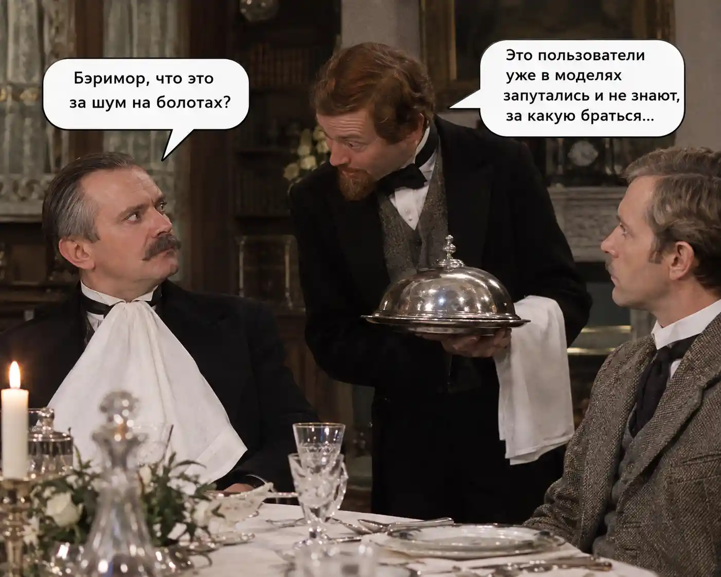 Victorian gentlemen dining in a cinematic Soviet film scene