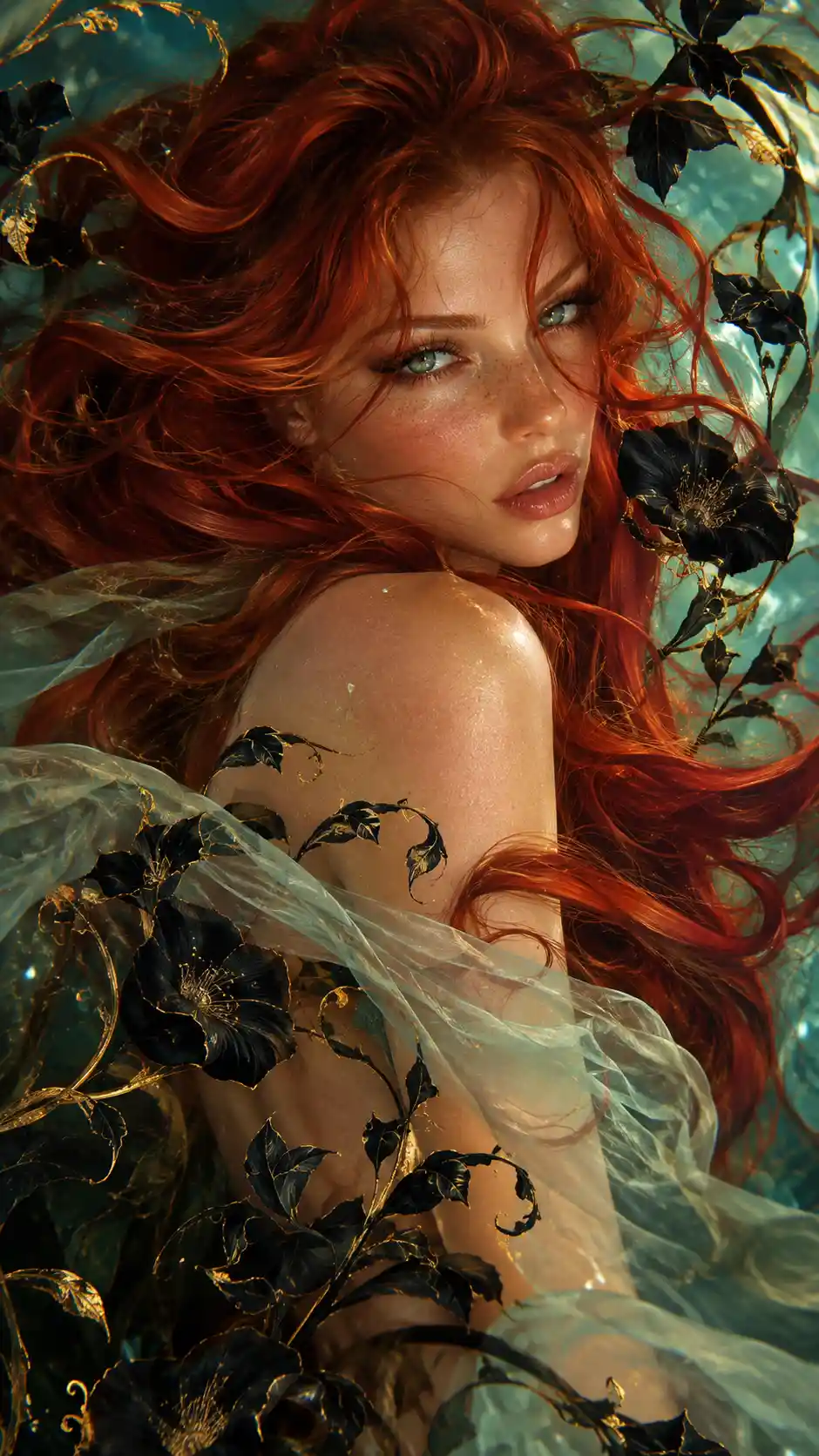 Surreal woman with flowing crimson hair in floral filigree