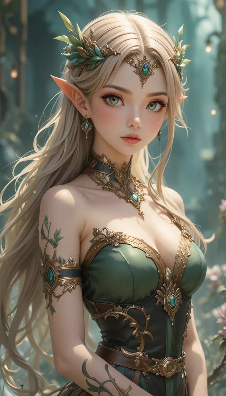 Fantasy anime woman with horns and emerald green eyes