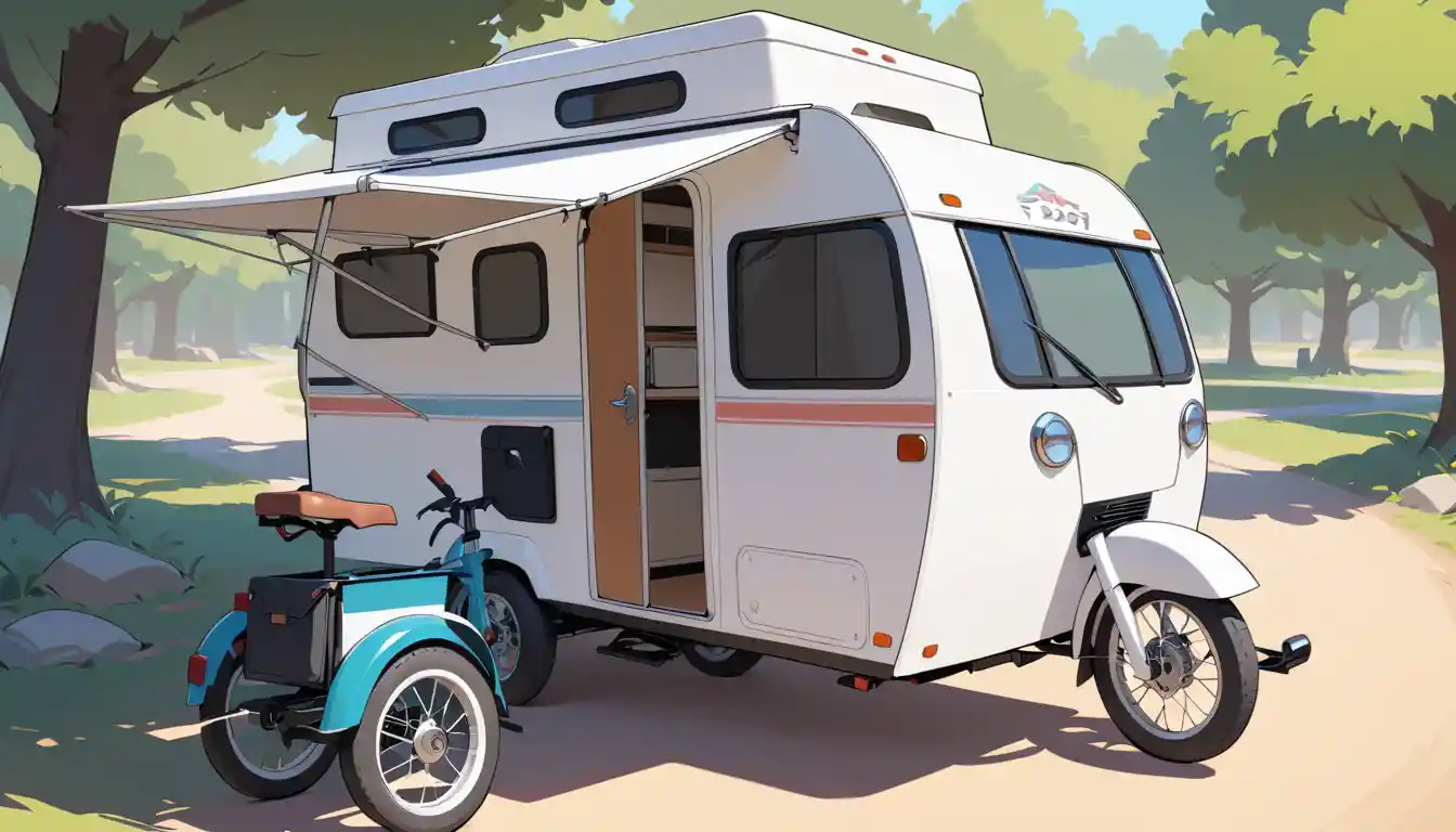 Rear view of compact tricycle camper mini RV in 2027