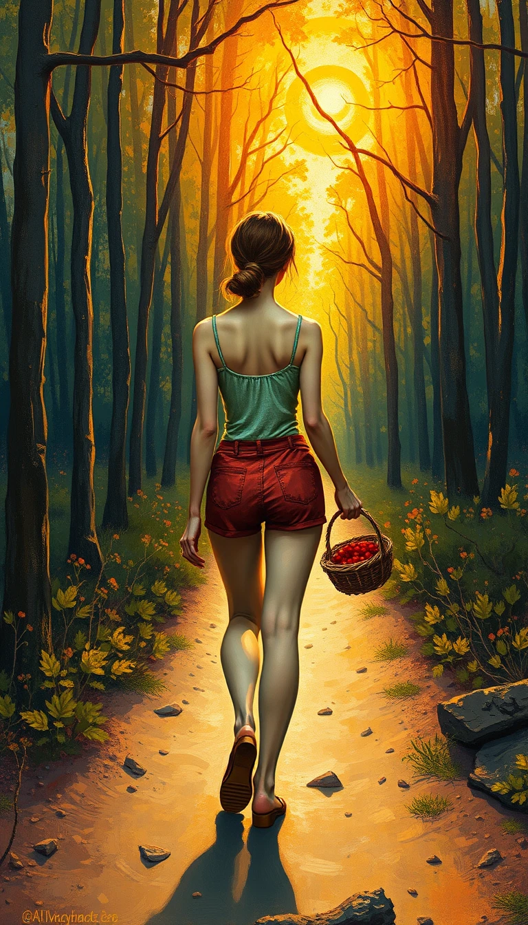 Woman walking on a sunny forest path with berry basket