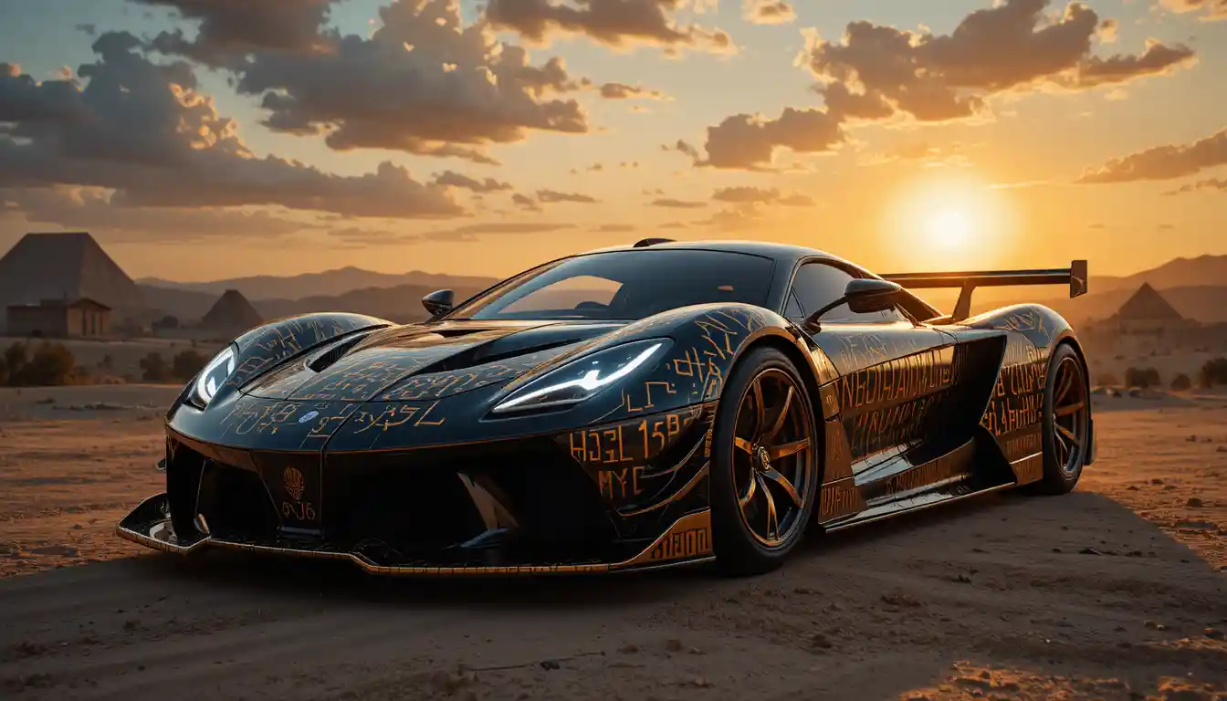 Supercar egiziana iperrealistica al tramonto dorato