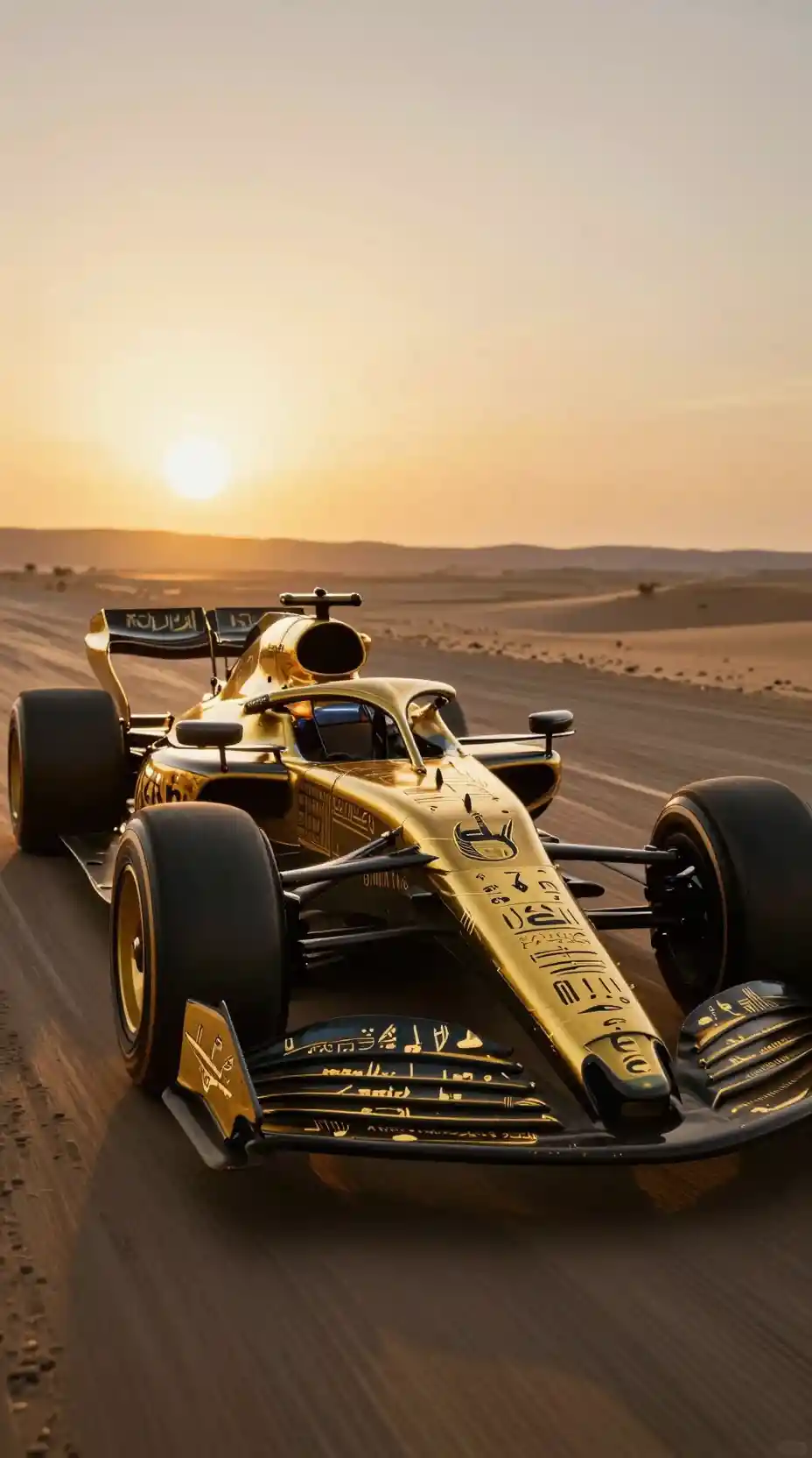 Superdeportivo negro y dorado con jeroglíficos egipcios al atardecer