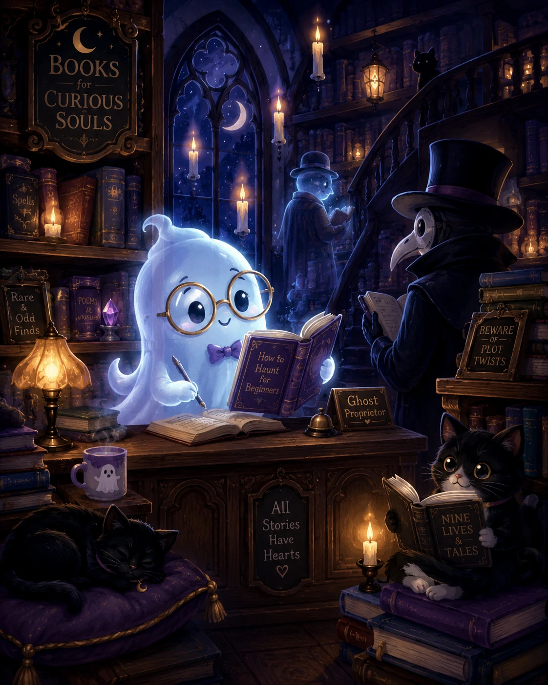 Winziger Geist führt einen gemütlichen Antiquariatsbuchladen um Mitternacht
