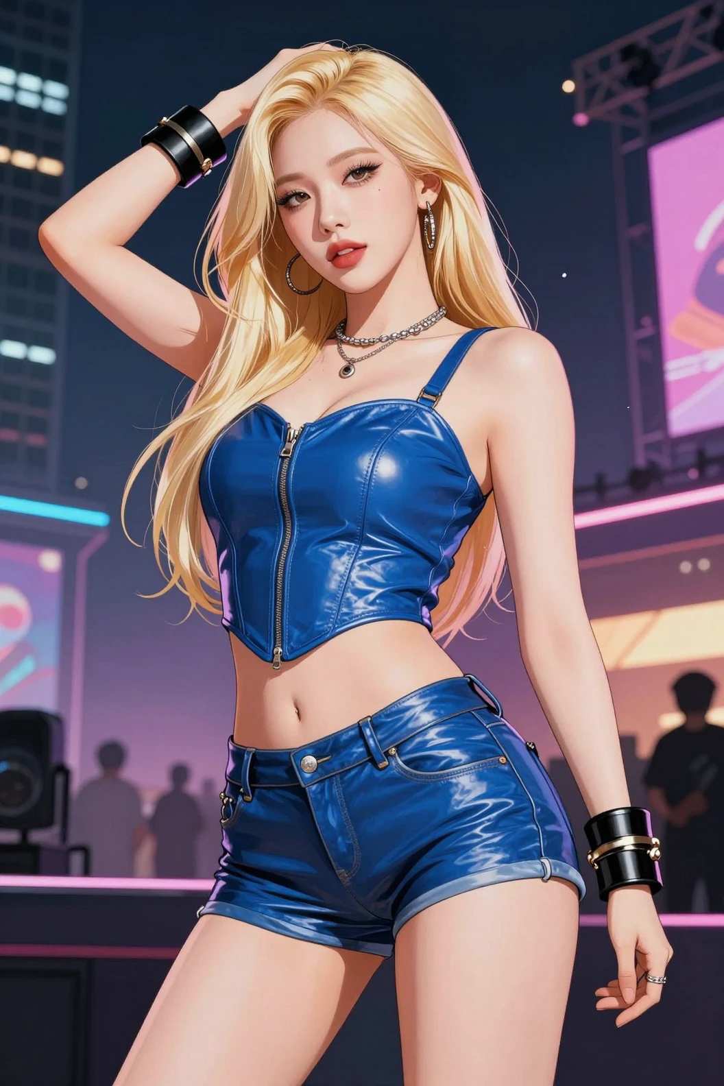 Blonde Korean woman in blue leather outfit on stage