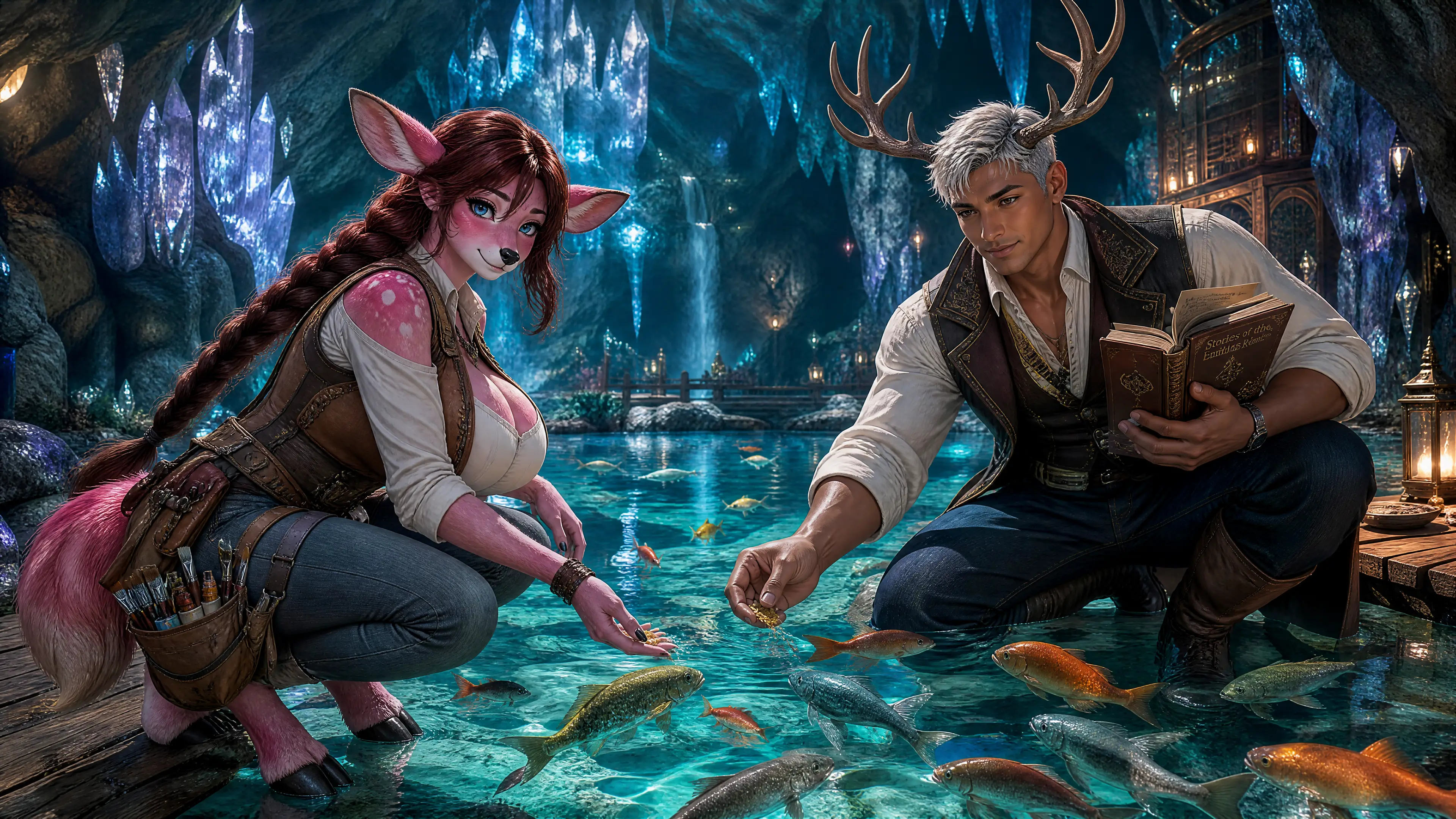 Anthro deer artist and husband feeding fish in crystal cavern