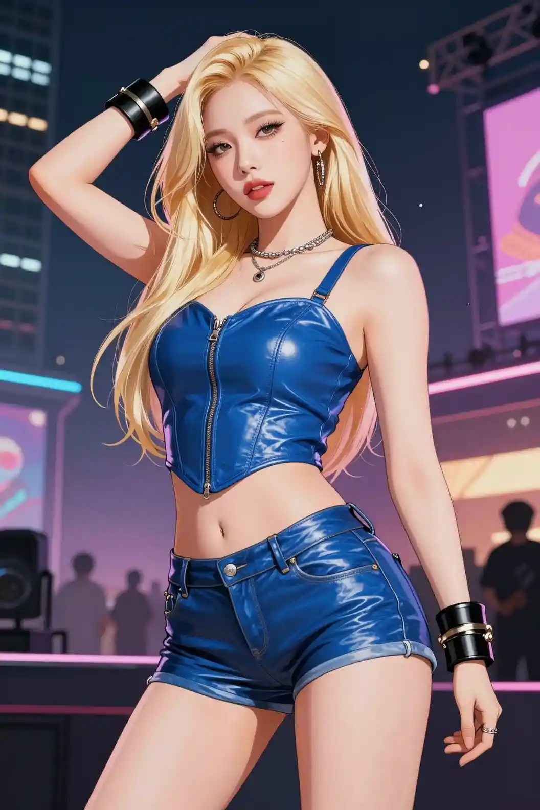 Blonde Korean woman in blue leather outfit on stage