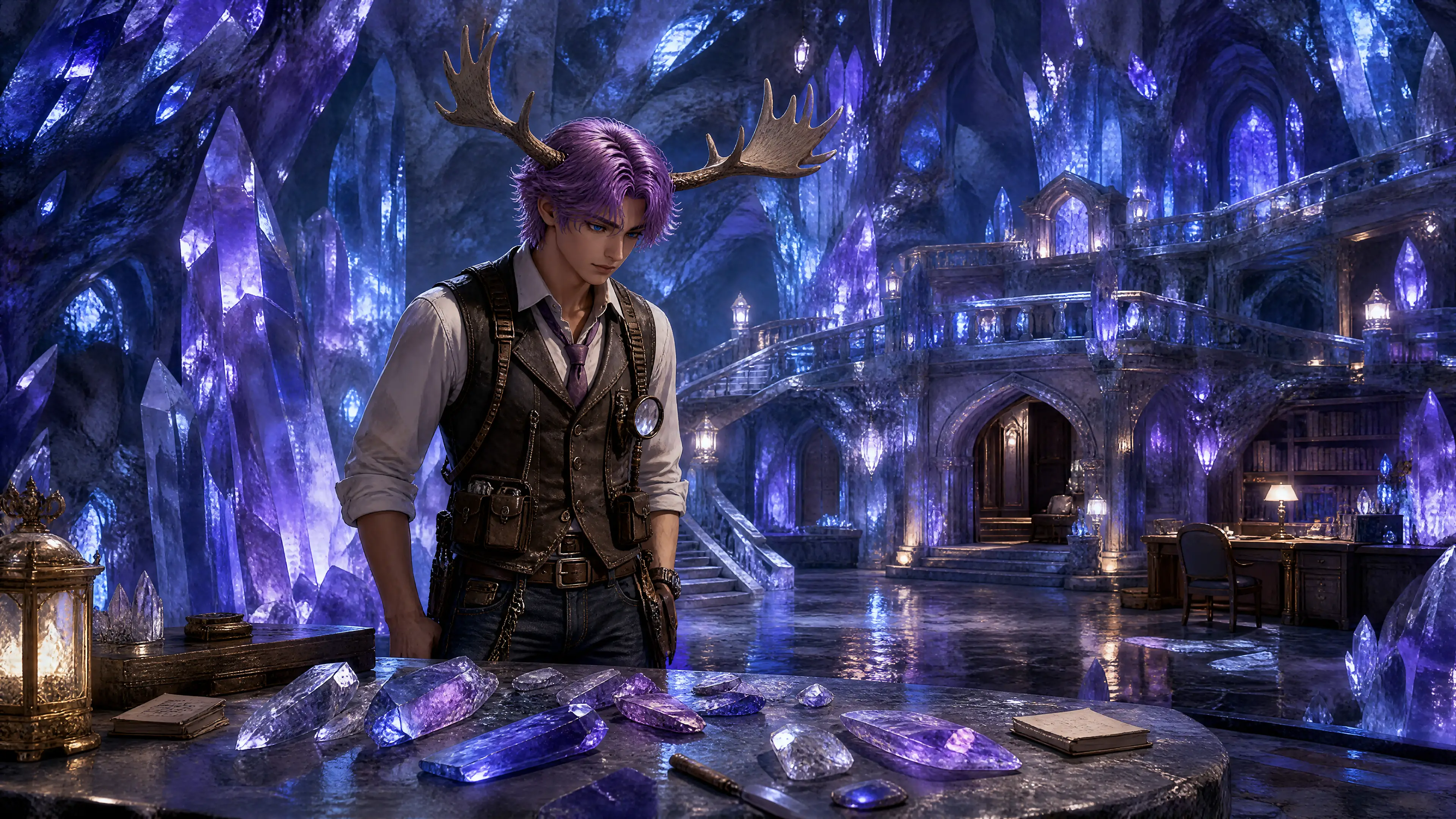 Detective con astas estudiando fragmentos de cristal en una cueva