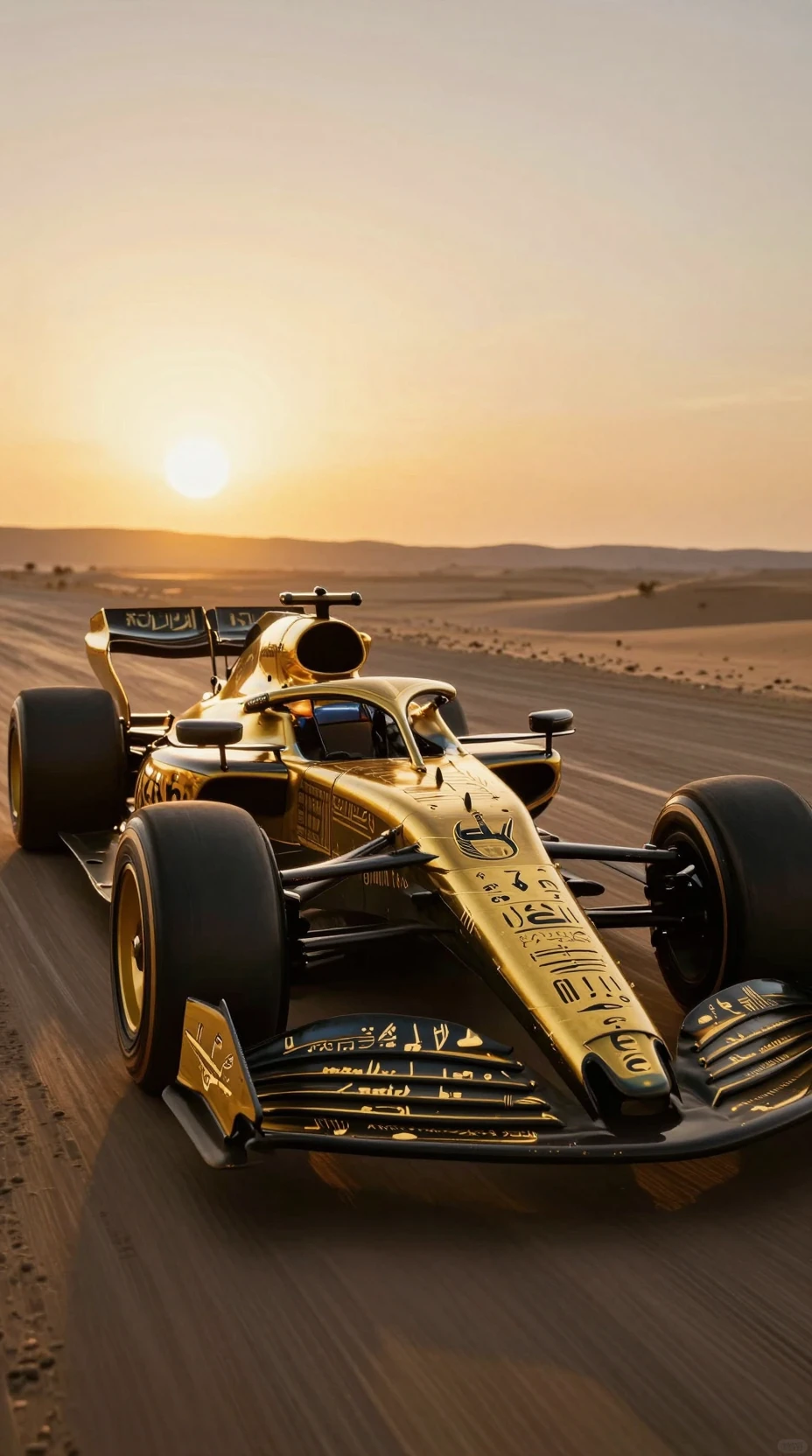 Superdeportivo negro y dorado con jeroglíficos egipcios al atardecer