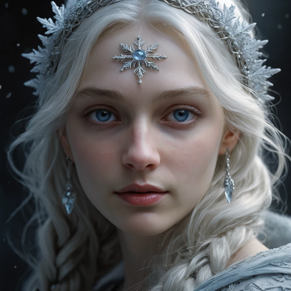 Close up oil painting of a pale winter goddess