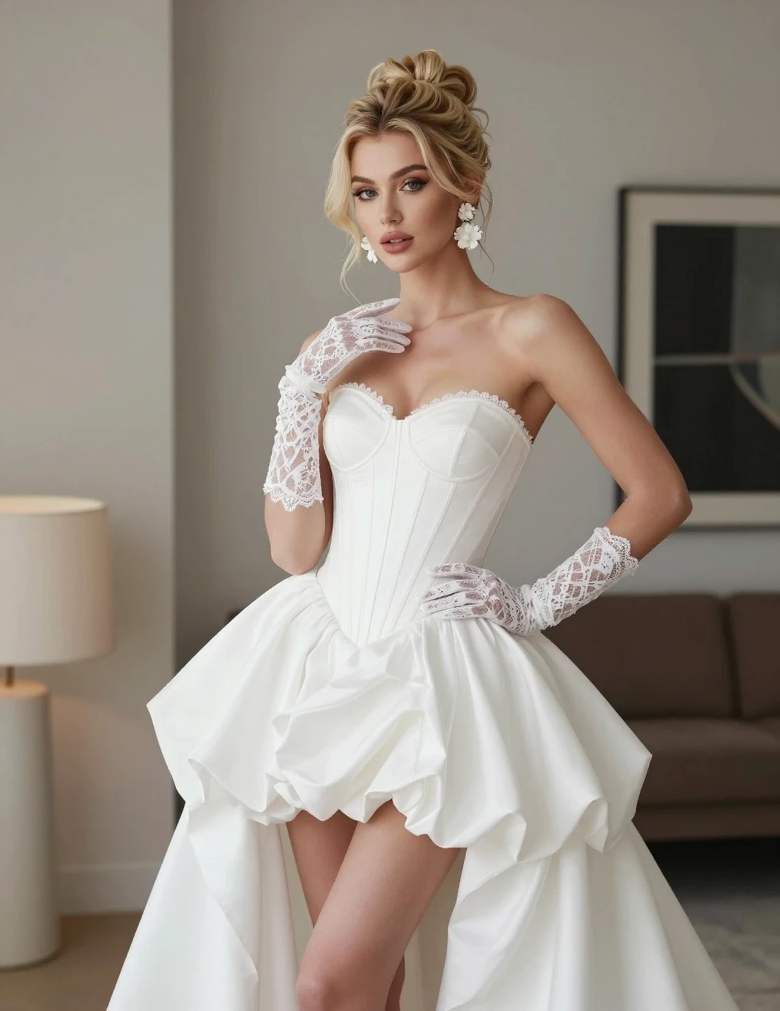 Novia elegante con vestido blanco de corsé en estudio moderno