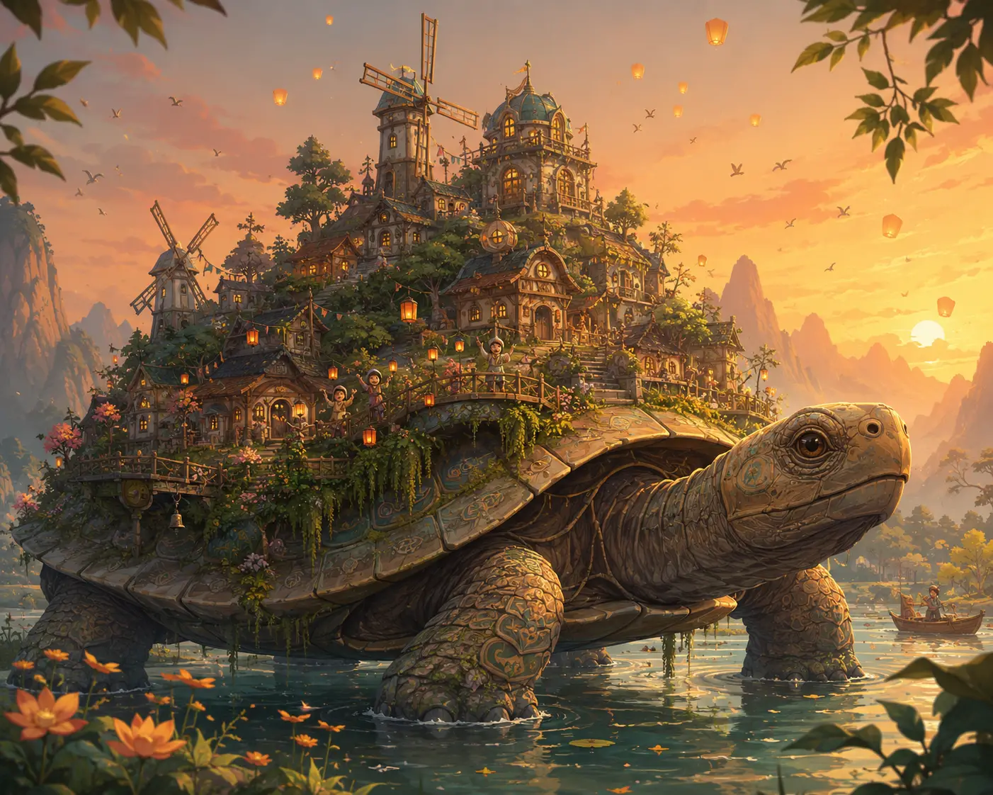 Ancient Turtle Carrying A Tiny Enchanted Village At Sunset