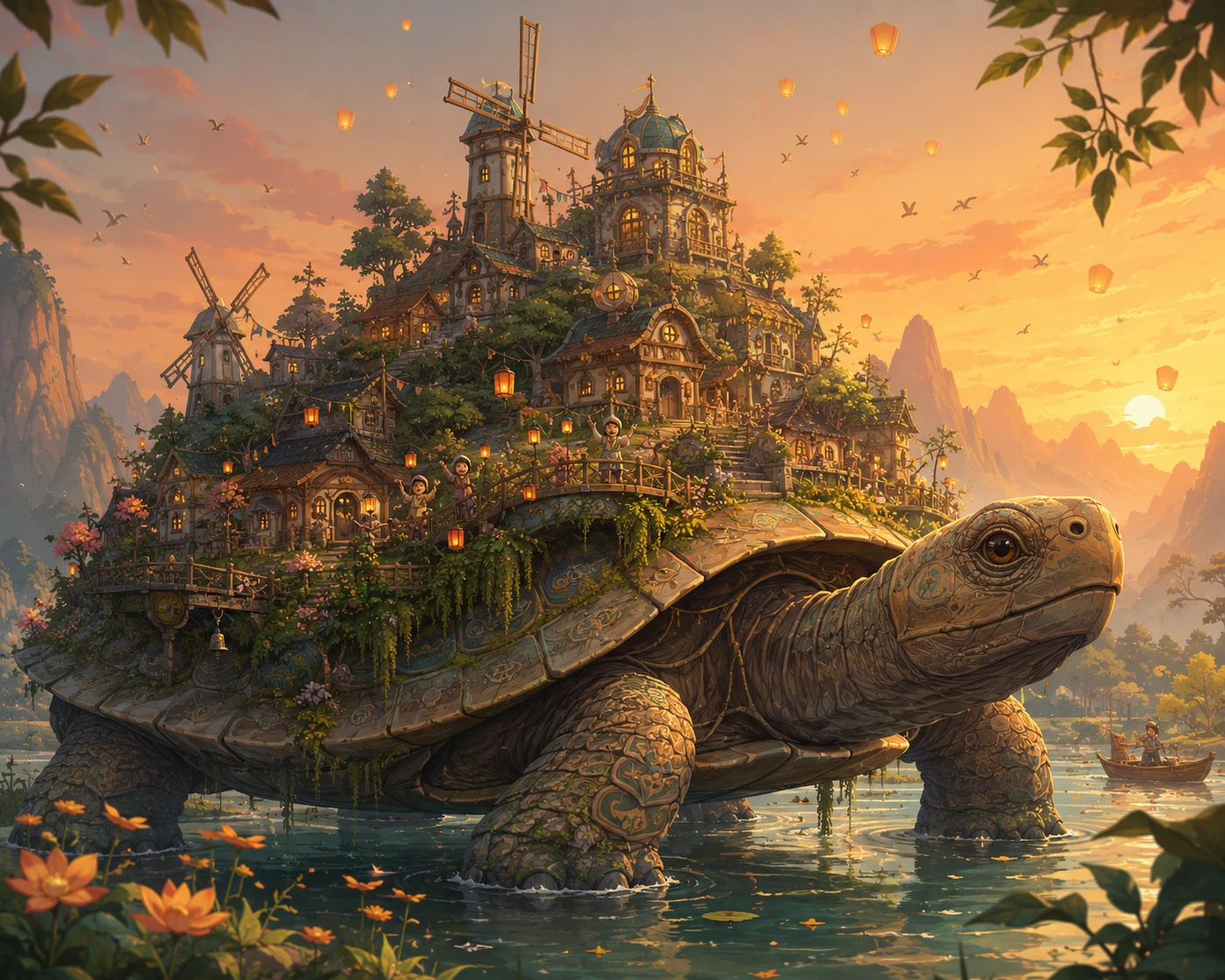 Ancient Turtle Carrying A Tiny Enchanted Village At Sunset