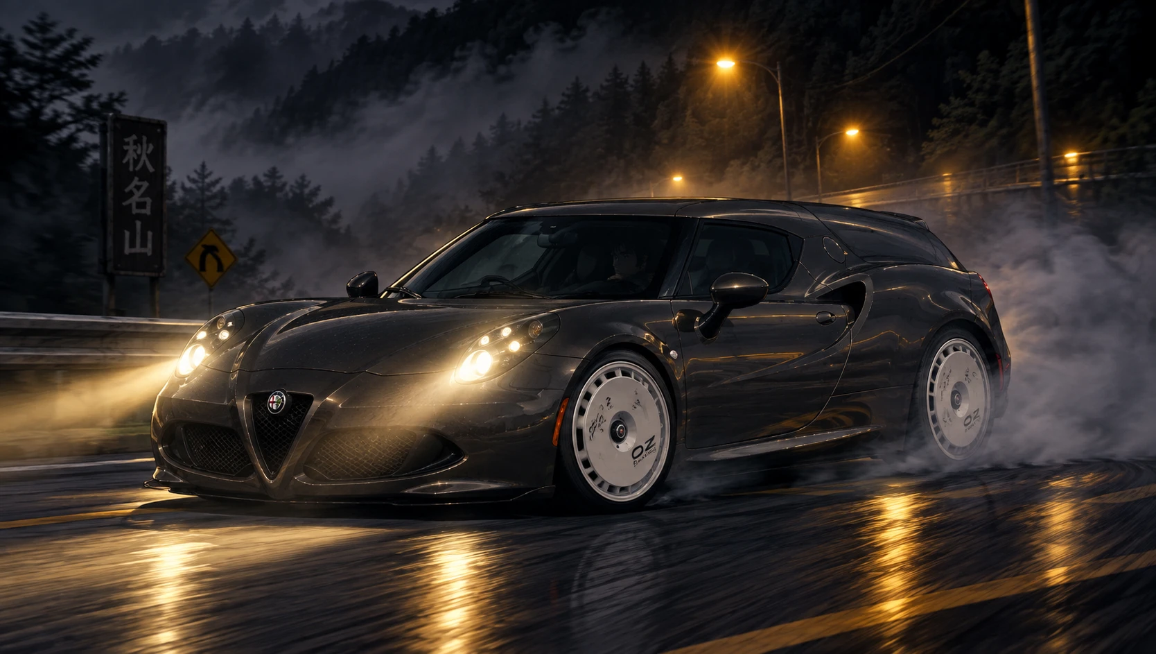 Anime sports car drifting on a foggy mountain road at night
