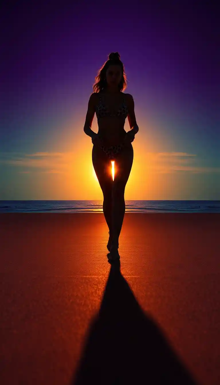 Silhouetted woman walking on reflective beach at sunset