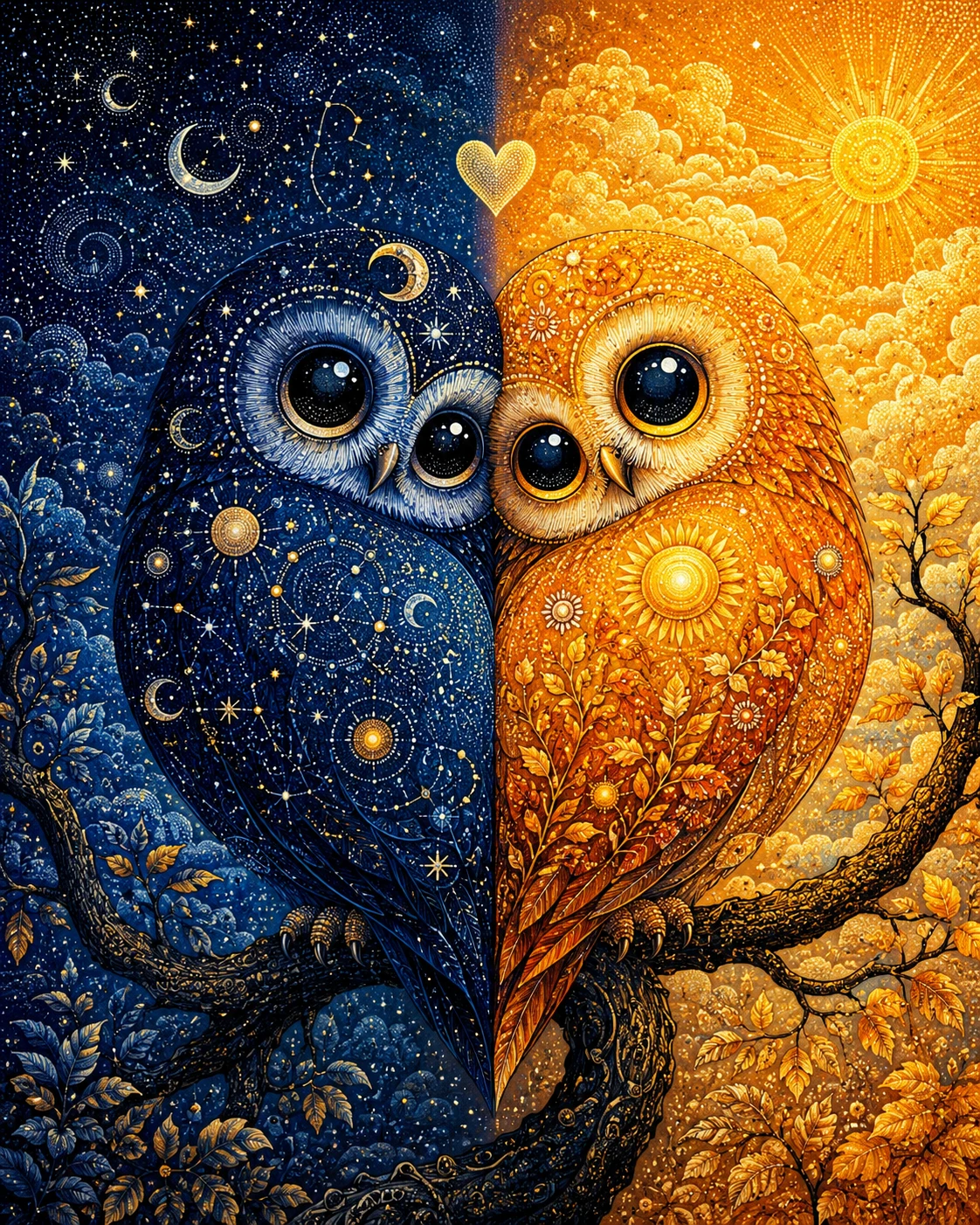 Dos búhos celestiales forman un sutil corazón en una rama