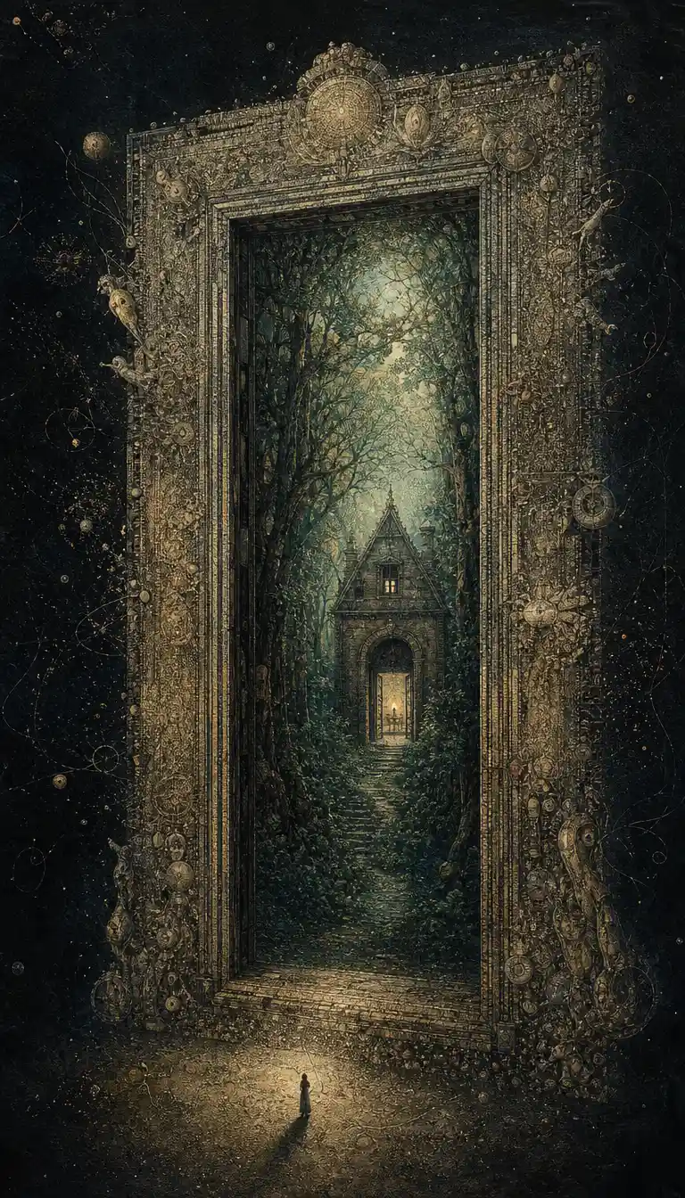 Enormous floating doorway opening into a hidden forest world