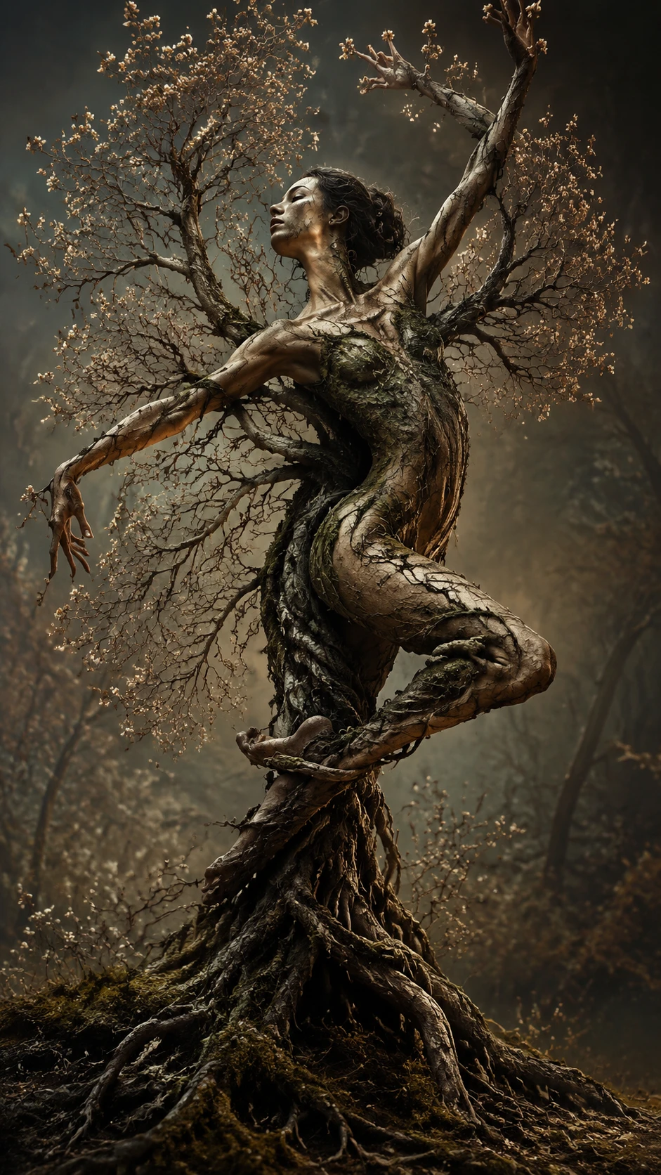 Surreal dancer fused with an ancient tree in forest dusk