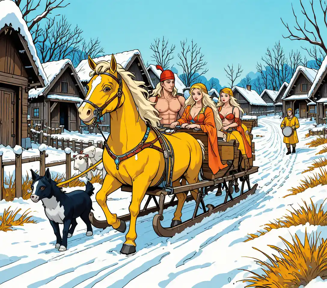 Carrera de trineos tirados por caballos en un pueblo nórdico nevado
